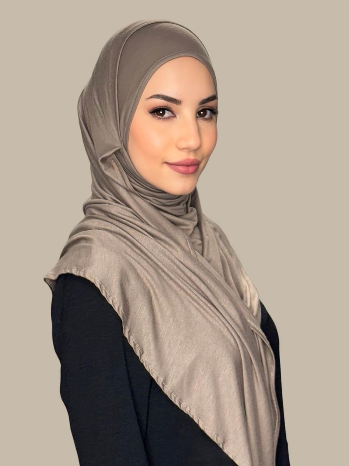 Sandstone Pre-Sewn Jersey Hijab, side view on model