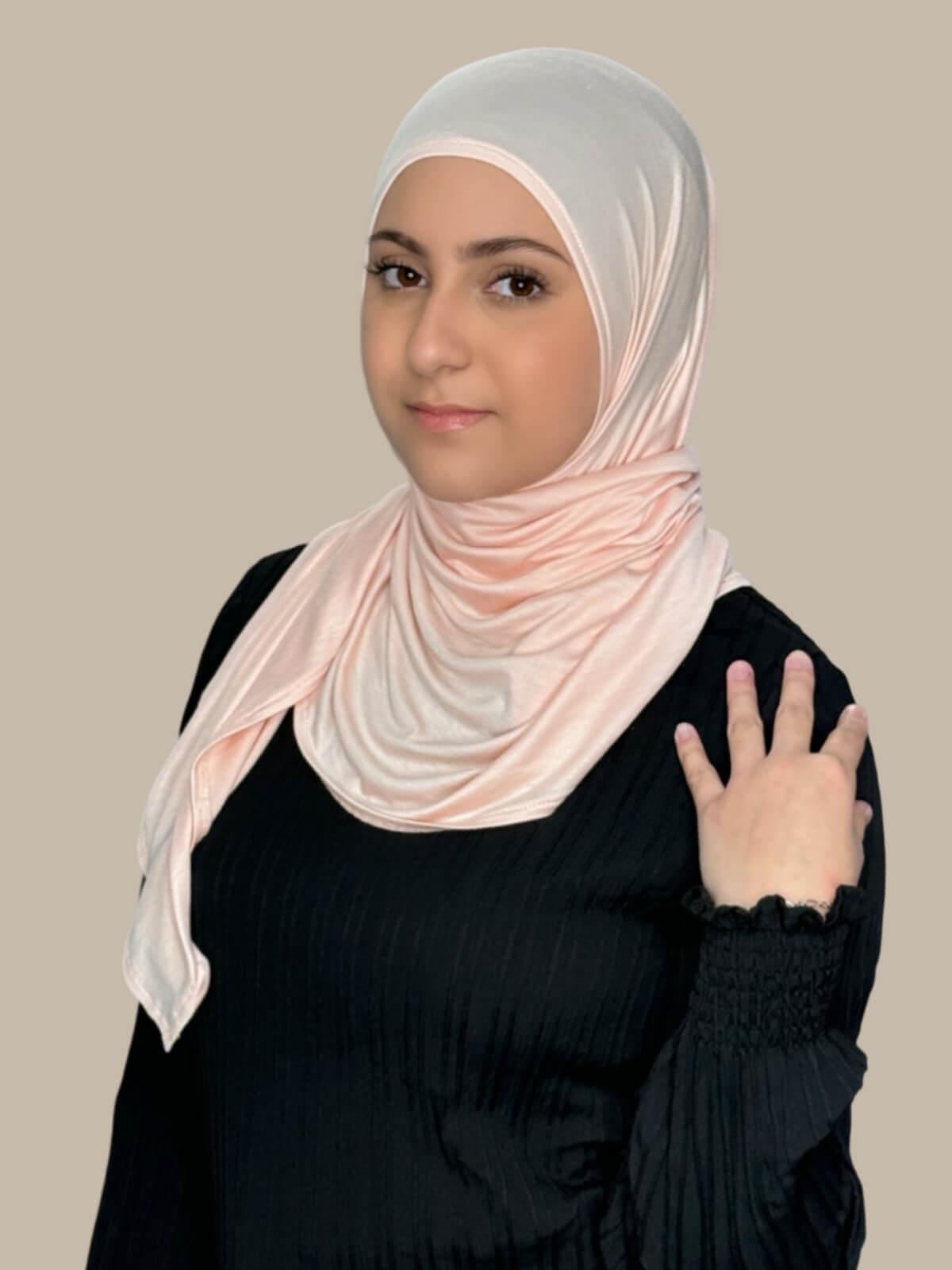 Pearl Pre-Sewn Jersey Hijab in Modish Girl size, front view on model with hijab wrapped neatly around shoulders showing smooth fit and soft stretch fabric.