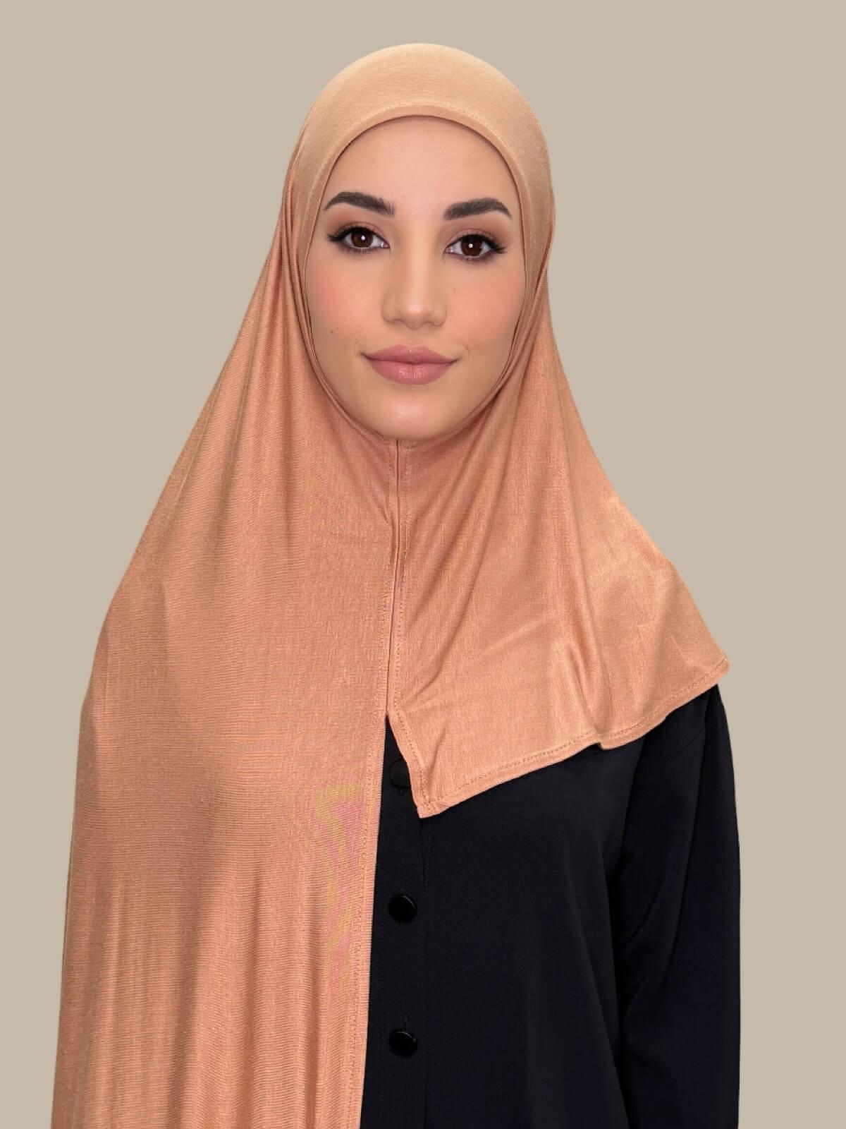 Sahara Pre-Sewn Jersey Hijab front view on model showing full coverage and smooth drape on both sides