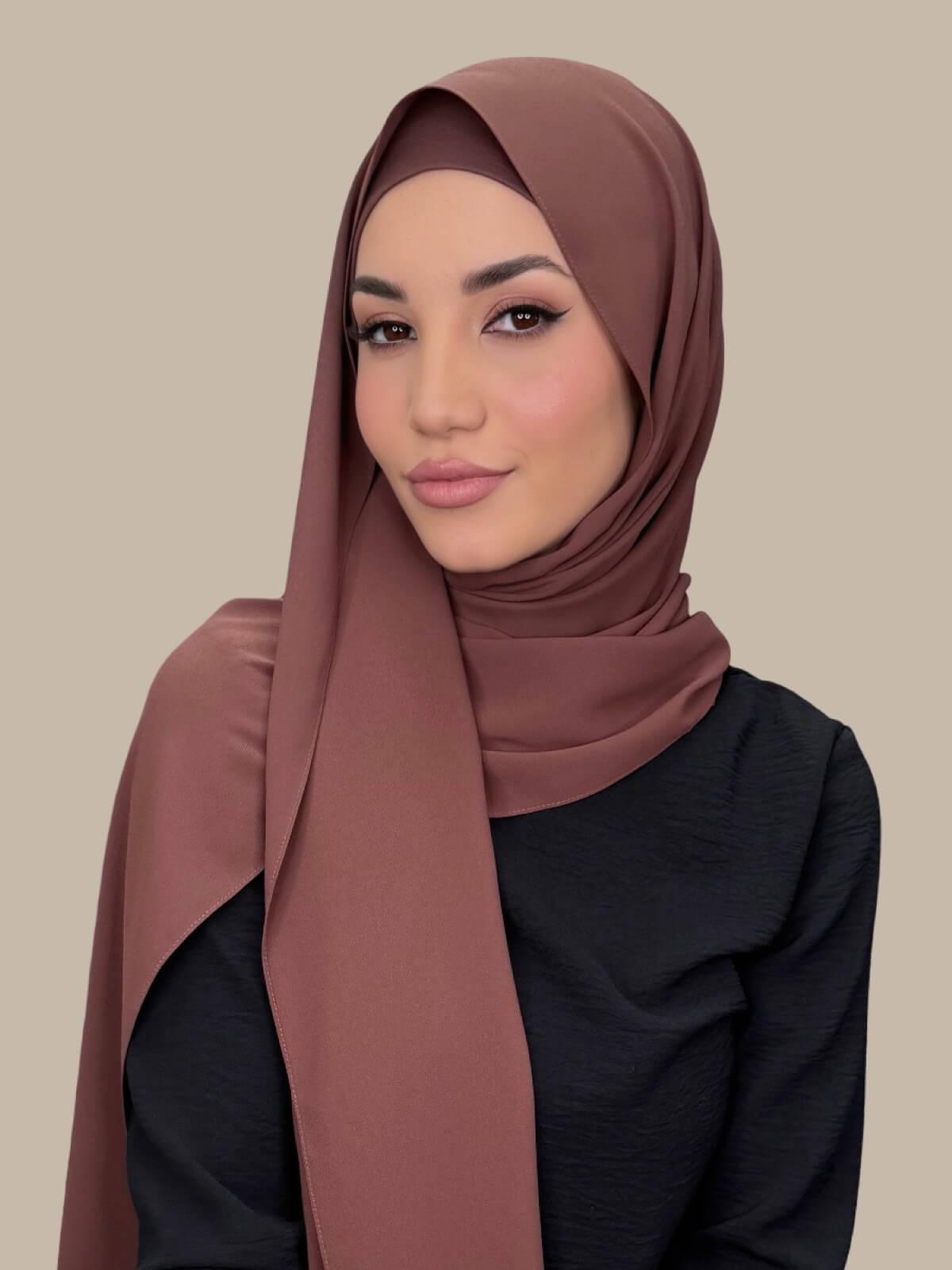 Burnt Redwood Matching Chiffon Hijab Set on model, side view draped over one shoulder