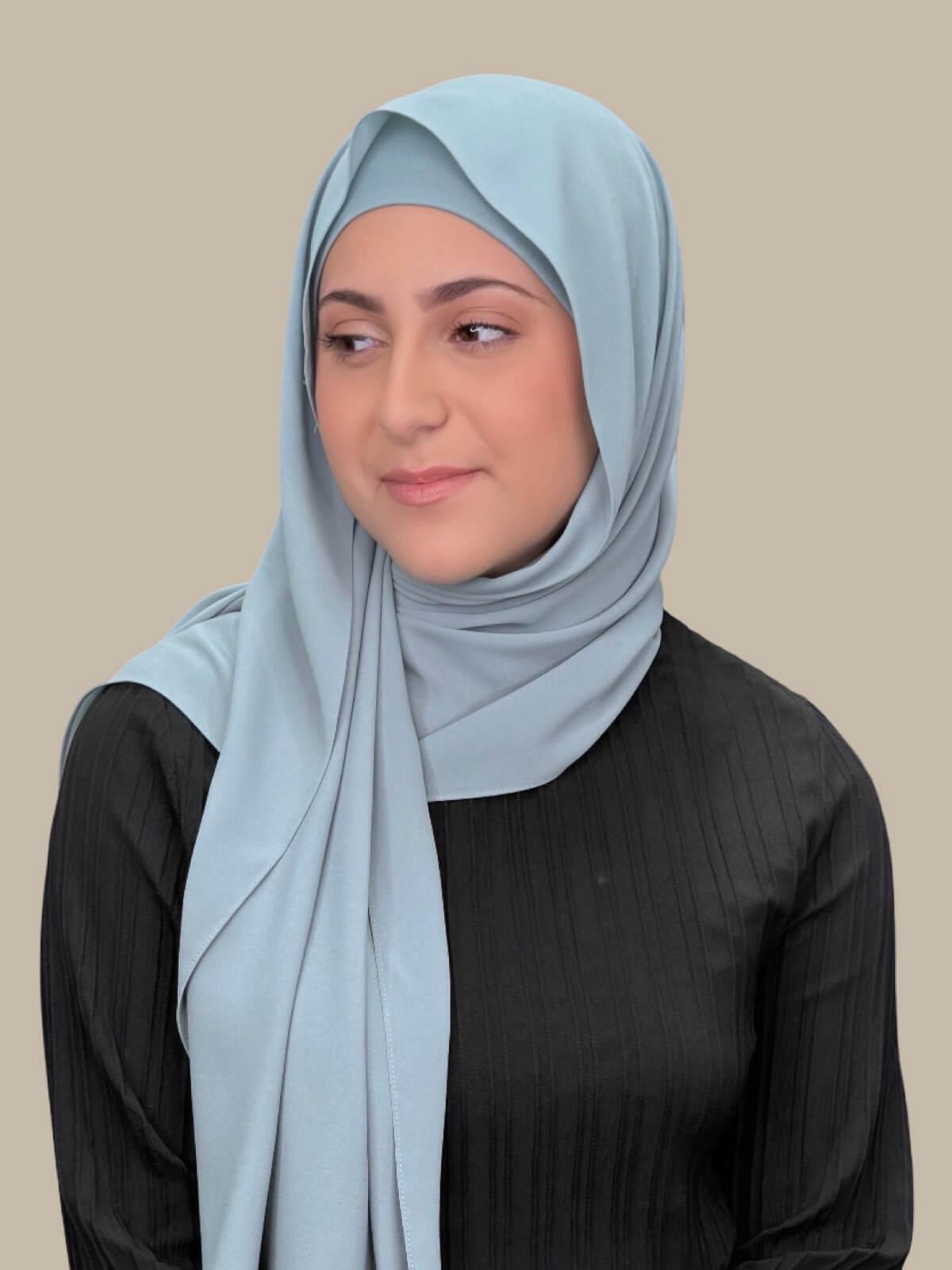 Stone Blue Matching Chiffon Hijab Set in modish girl size on model,side view showing lightweight drape and smooth layered wrap with elegant finish.