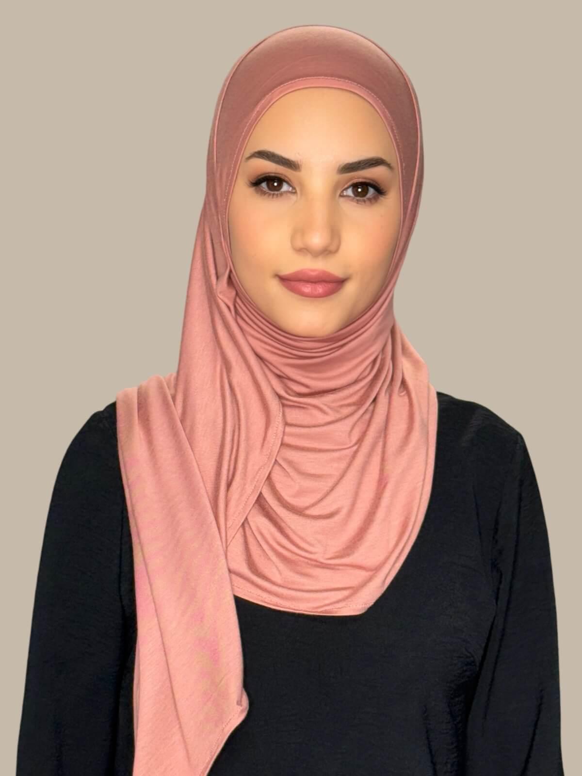 Wood Rose Pre-Sewn Jersey Hijab front view on model