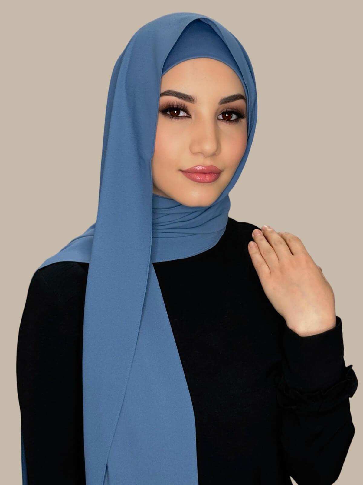 Cool Blue Matching Chiffon Hijab Set on model,front view draped over shoulder