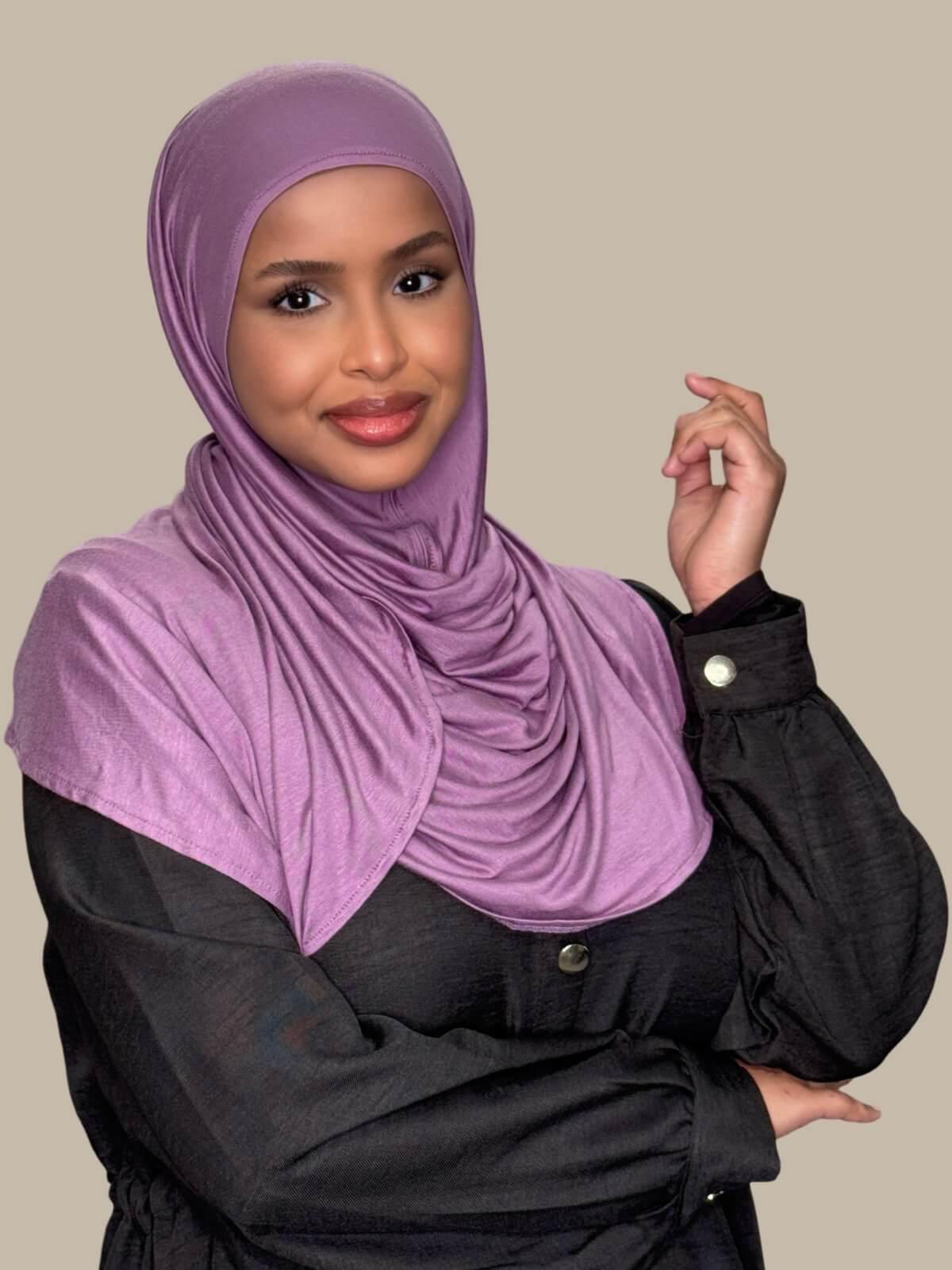 Mauve Taupe Pre-Sewn jersey Hijab side view on model effortless to wear