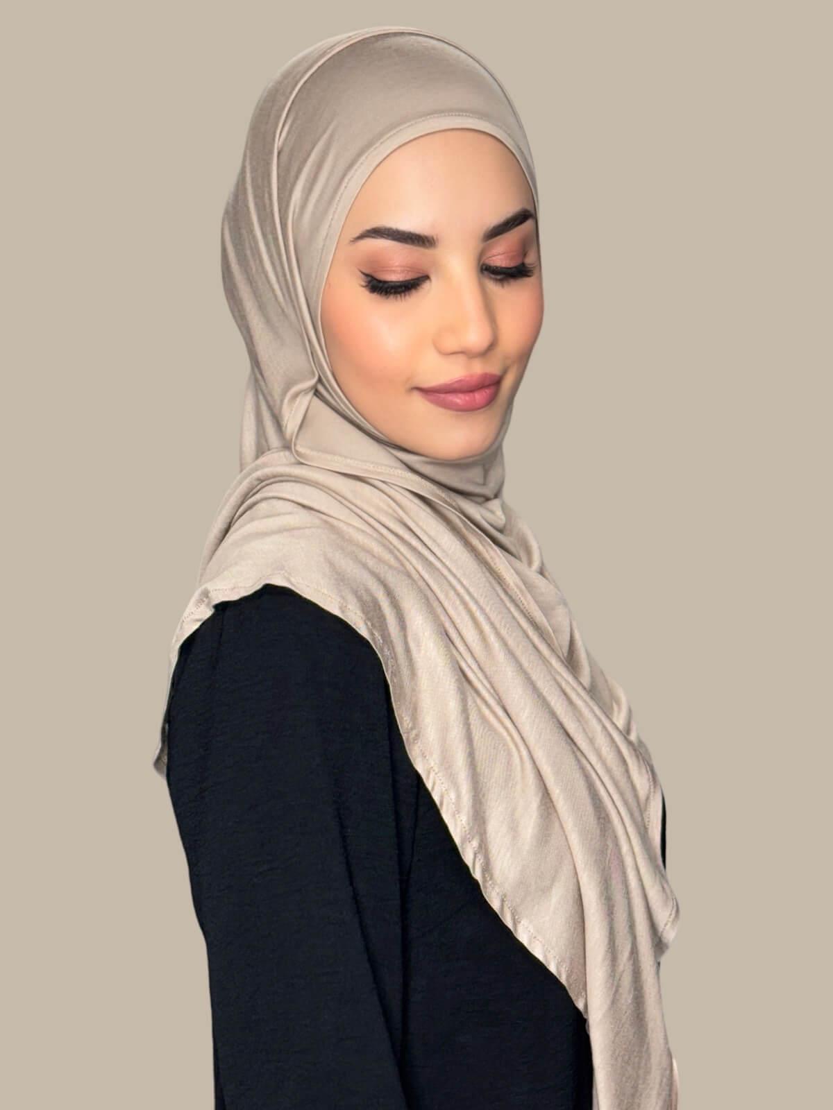 Vanilla Pre-Sewn jersey Hijab, side view on model