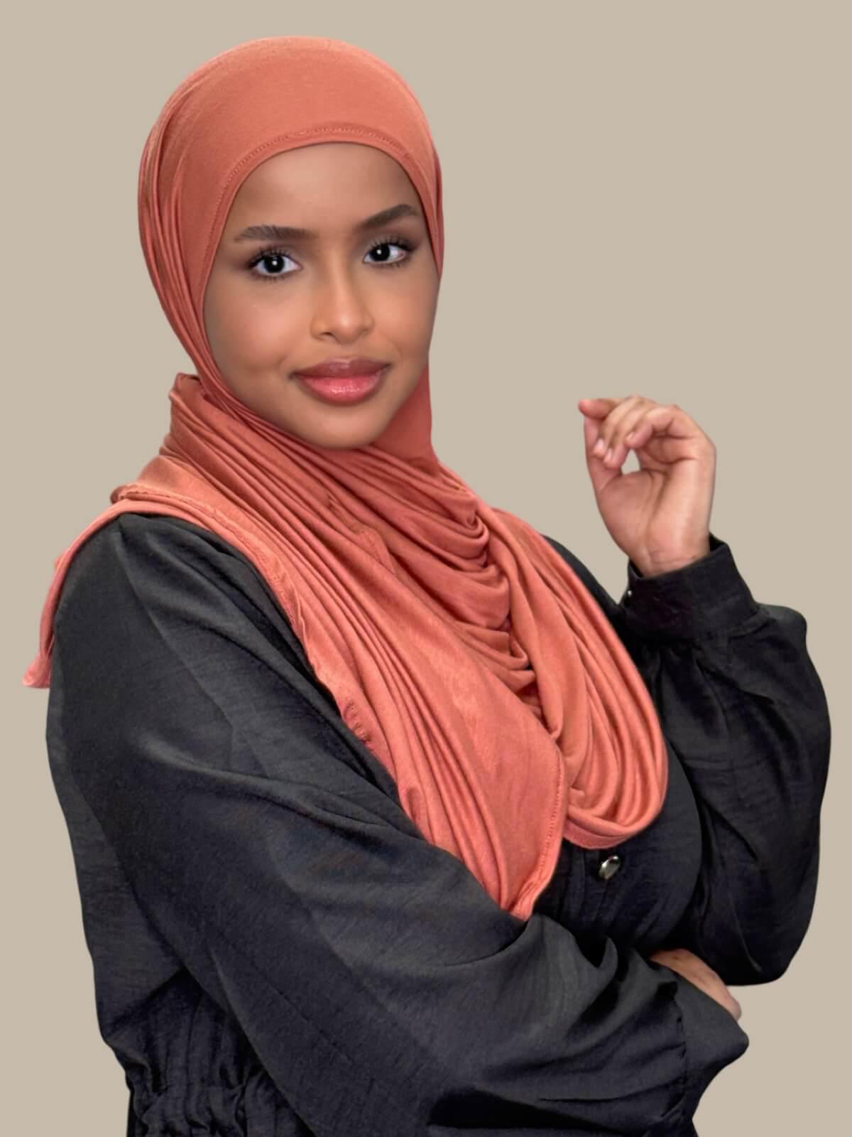 Brick Red Pre-Sewn Jersey Hijab side view on model