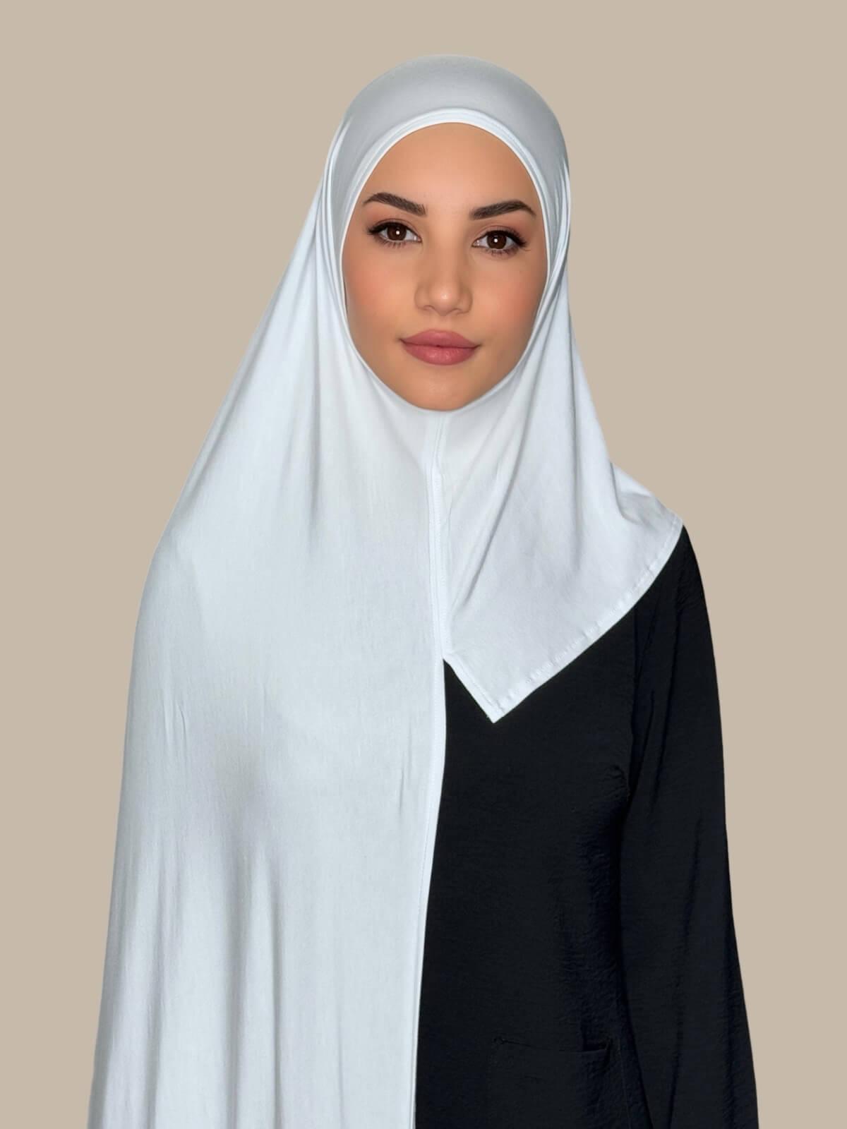 White Pre-Sewn Jersey Hijab front view on model showing full coverage and smooth drape on both sides.