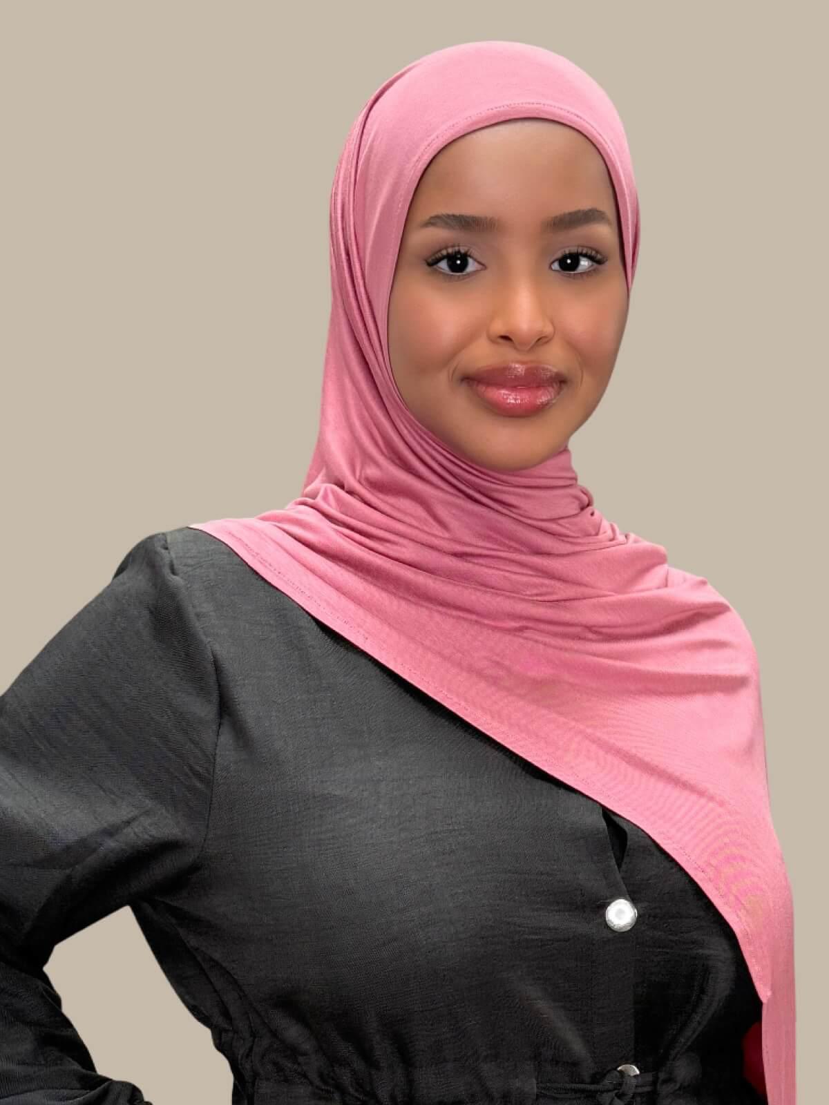 Pale Rose Pre-SEwn Jersey Hijab side view on model draped over shoulder
