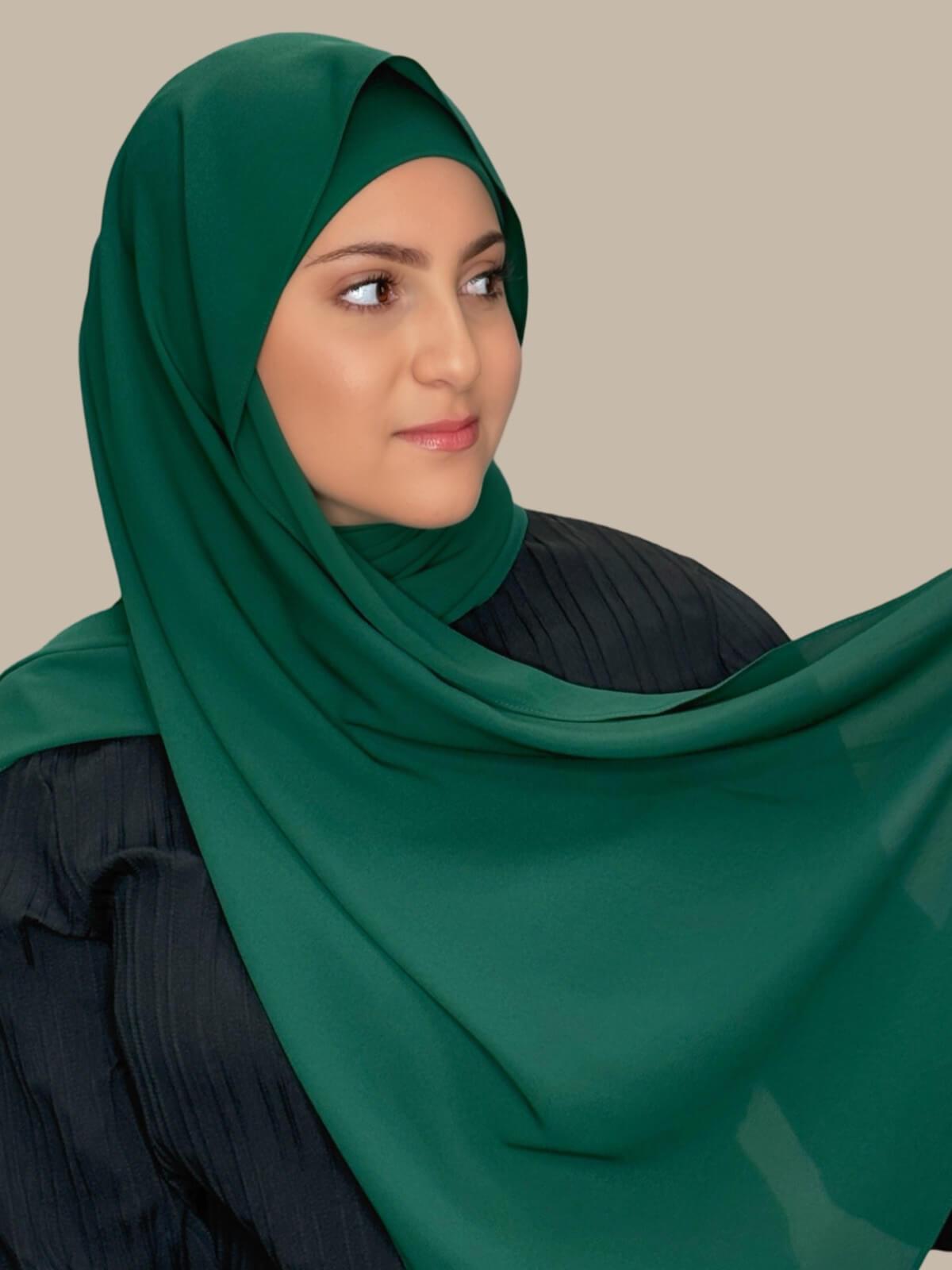 Deep Green Matching Chiffon Hijab Set in modish girl size on model, side view showing full opacity of hijab