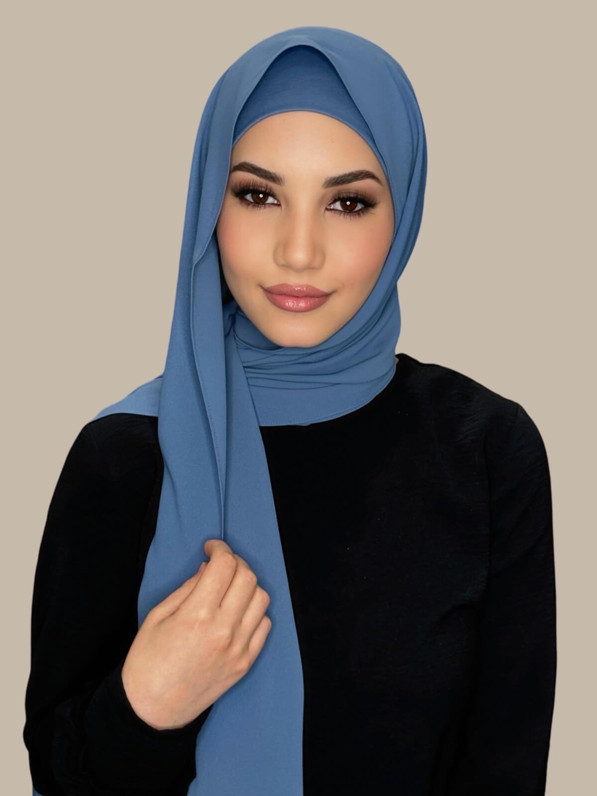 Cool Blue Matching Chiffon Hijab Set on model,front view showing lightweight drape and smooth layered wrap with elegant finish