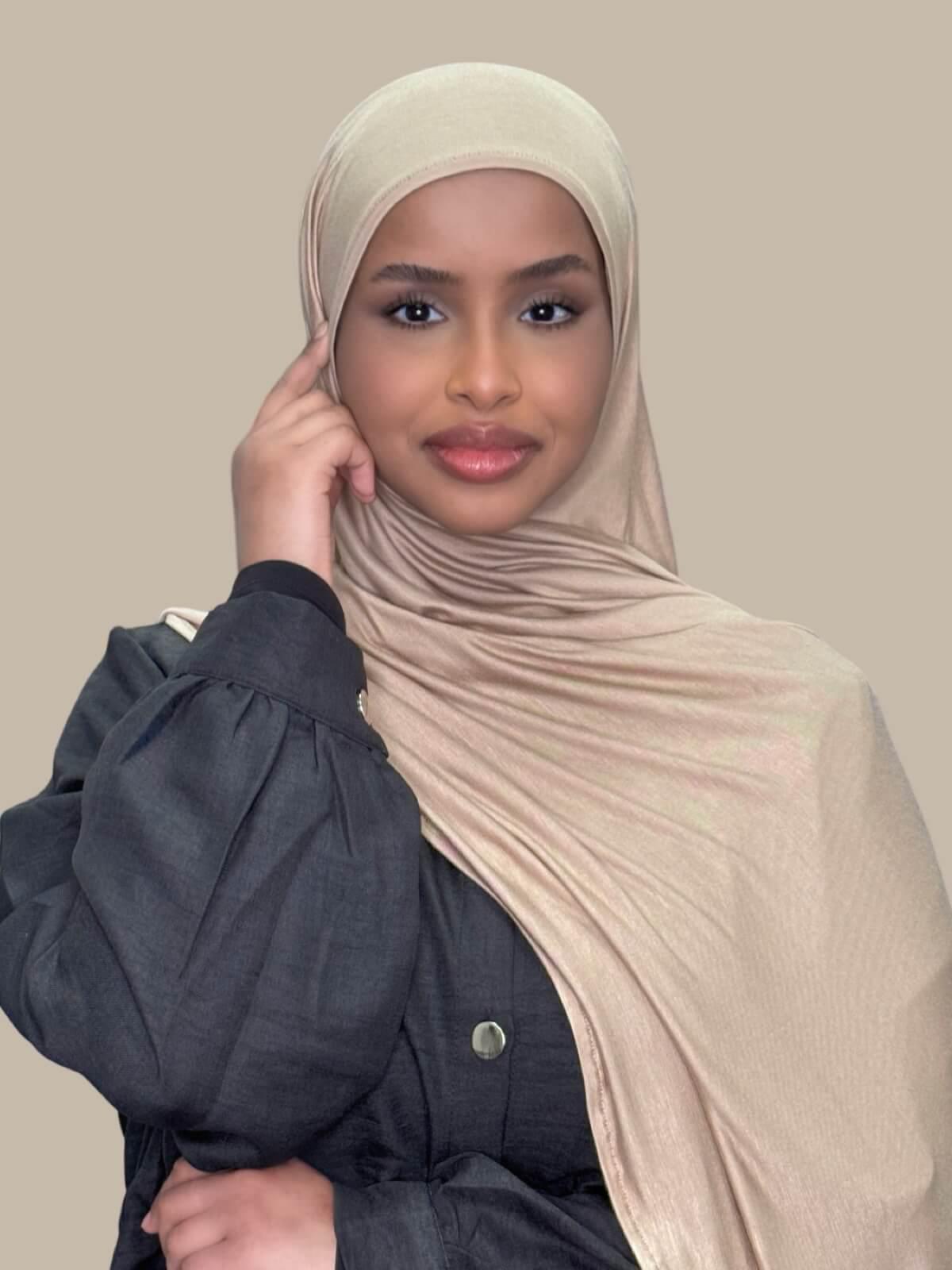 Oak Pre-Sewn Jersey Hijab, front view on model draped over shoulder