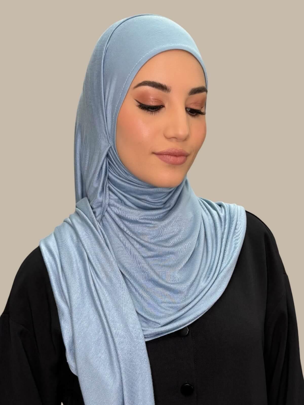 Dusty Blue Pre-Sewn Jersey Hijab, Front view on model, no pins