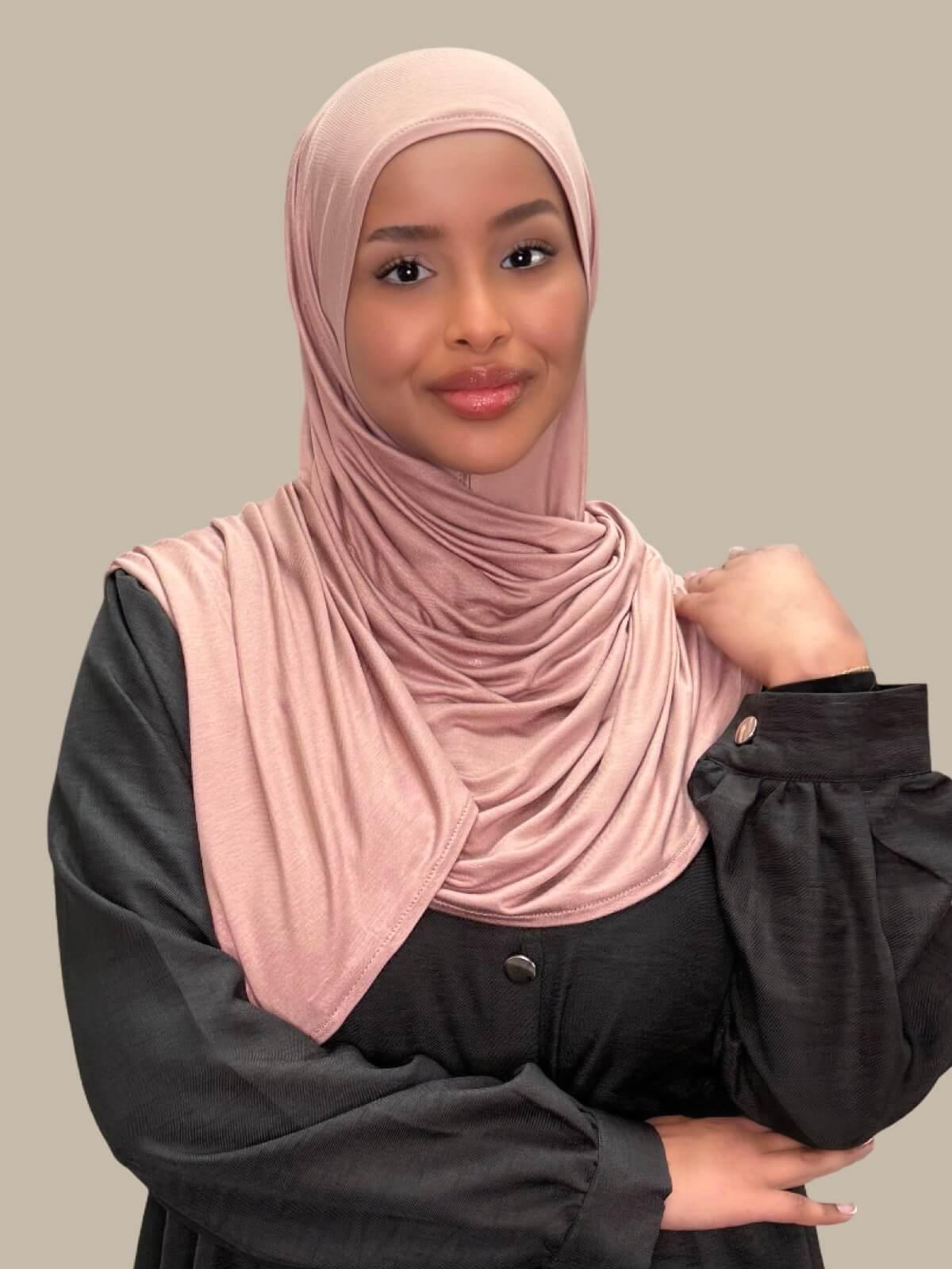Dusty Rose Pre-Sewn Jersey Hijab front view on model no pins