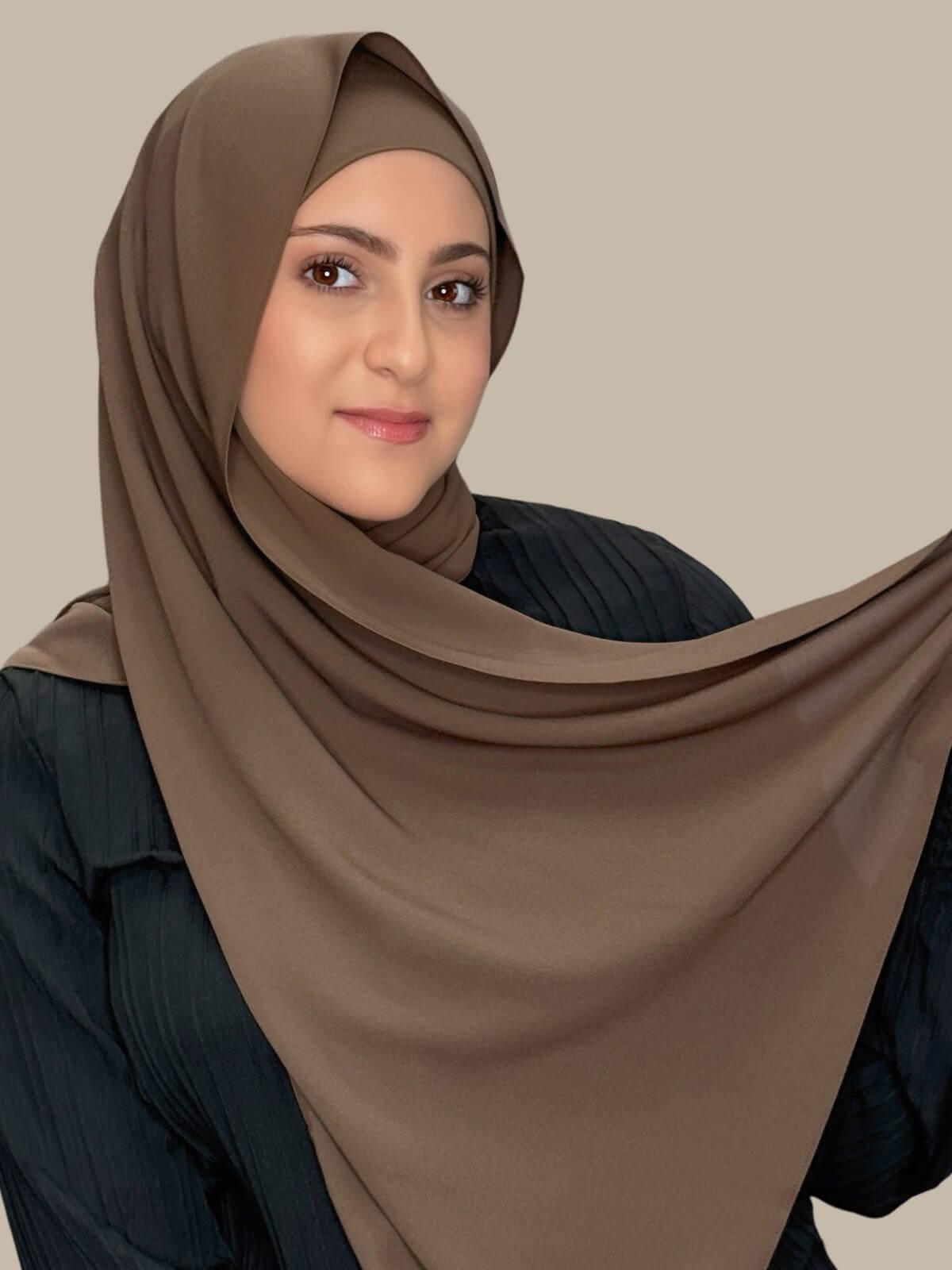 Swiss Brown Matching Chiffon Hijab Set in modish girl size on model, side view showing lightweight drape and smooth layered wrap with elegant finish.