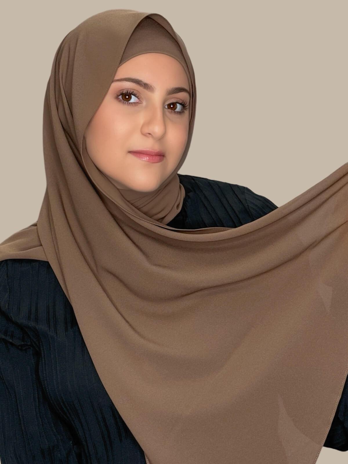 Walnut Brown Matching Chiffon Hijab Set in modish girl size on model, side view showing full opacity of hijab