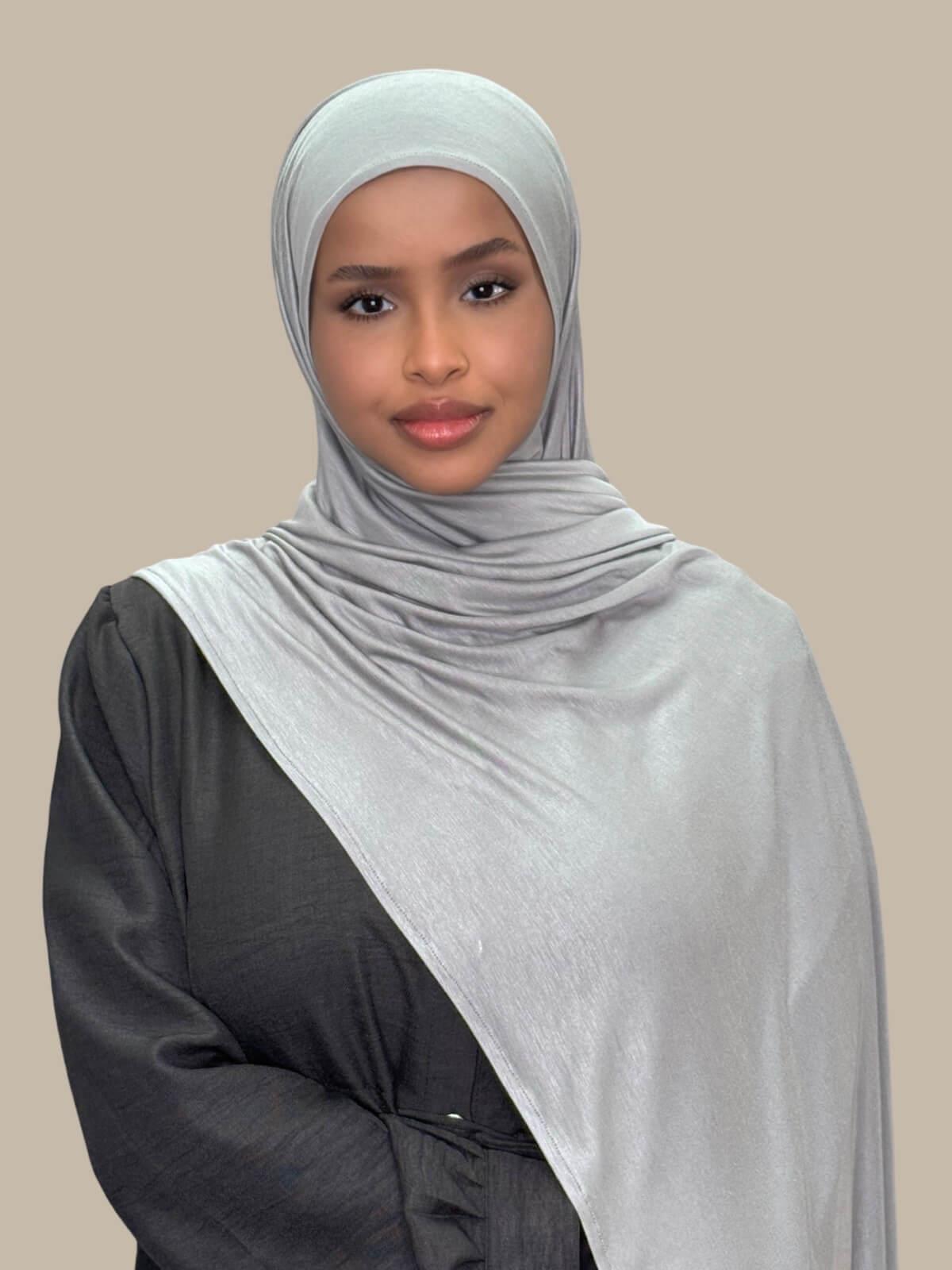 Chic Grey Pre-Sewn Jersey Hijab — front view on model, no pins easy to wear