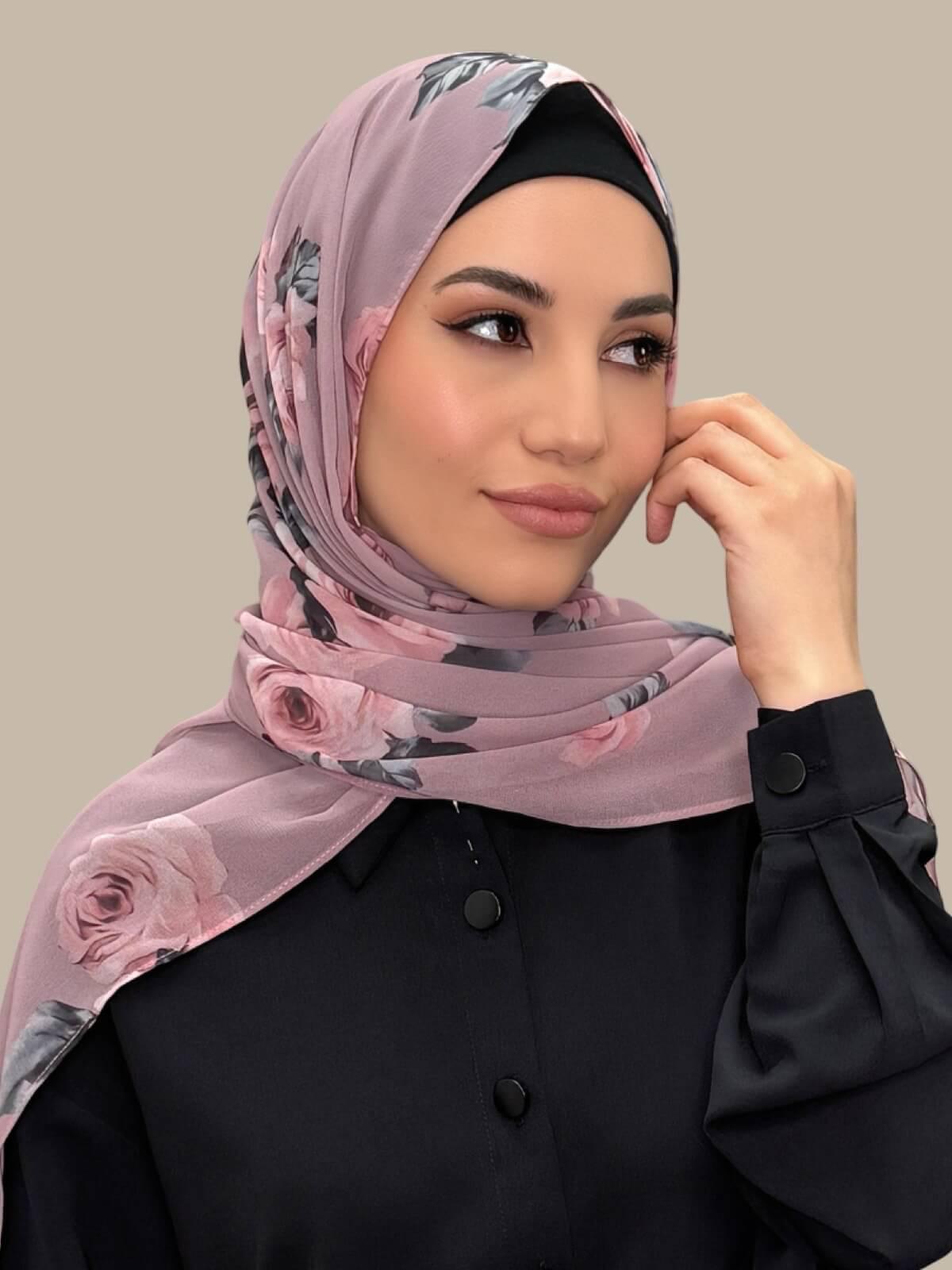 Printed Chiffon Hijab-Neutral Rosette
