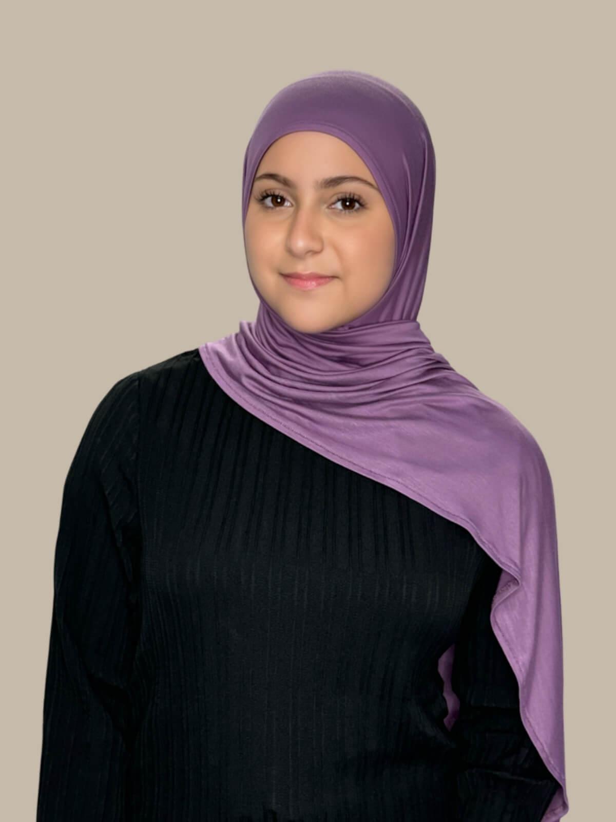 Mauve Taupe Pre-Sewn Jersey Hijab in Modish Girl size, front view on model with hijab draped over shoulder showing smooth fit and soft stretch