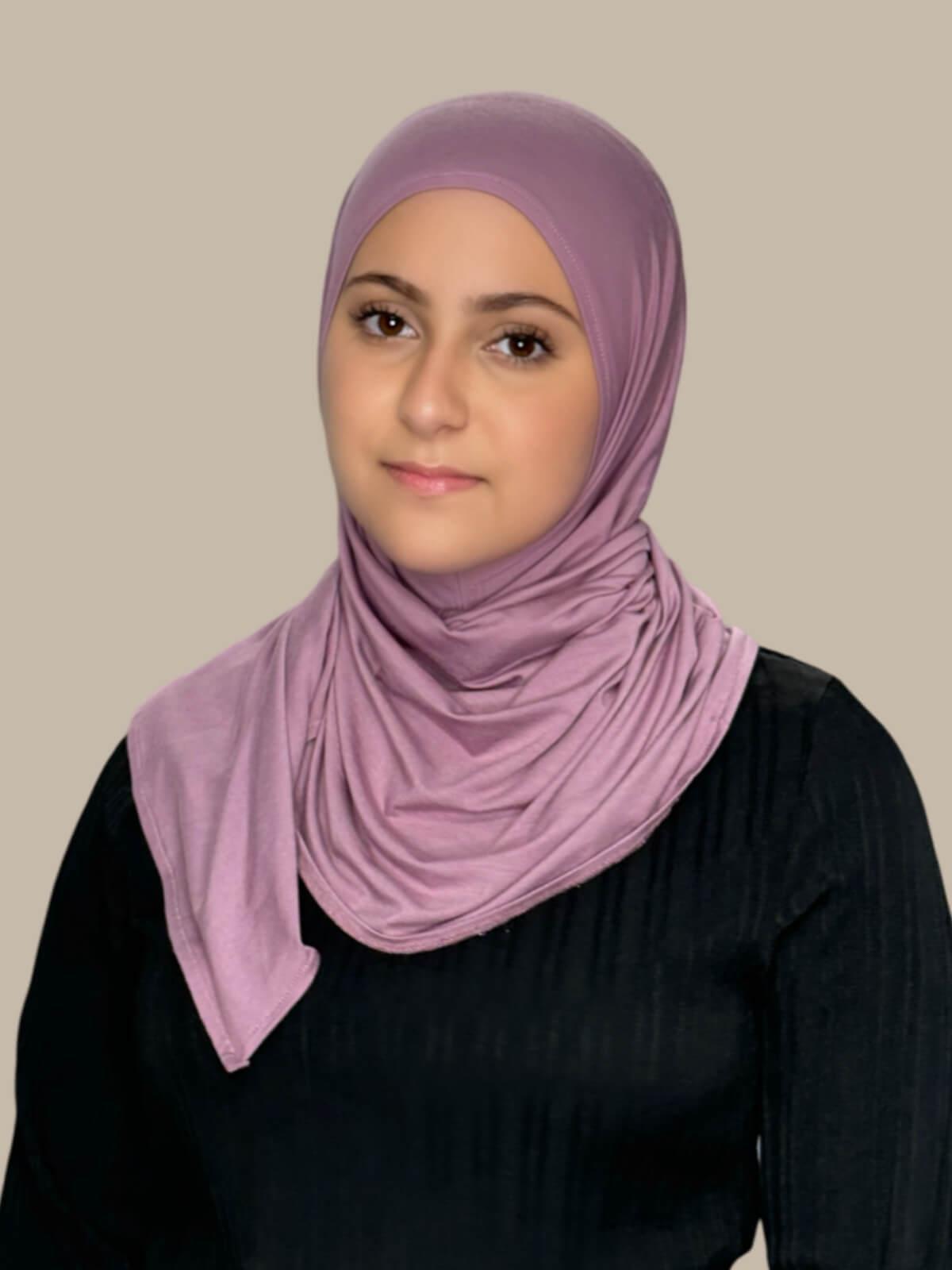 Khaki Rose Pre-Sewn Jersey Hijab in Modish Girl size, front view on model with hijab wrapped neatly around shoulders showing smooth fit and soft stretch fabric. Effortless to wear