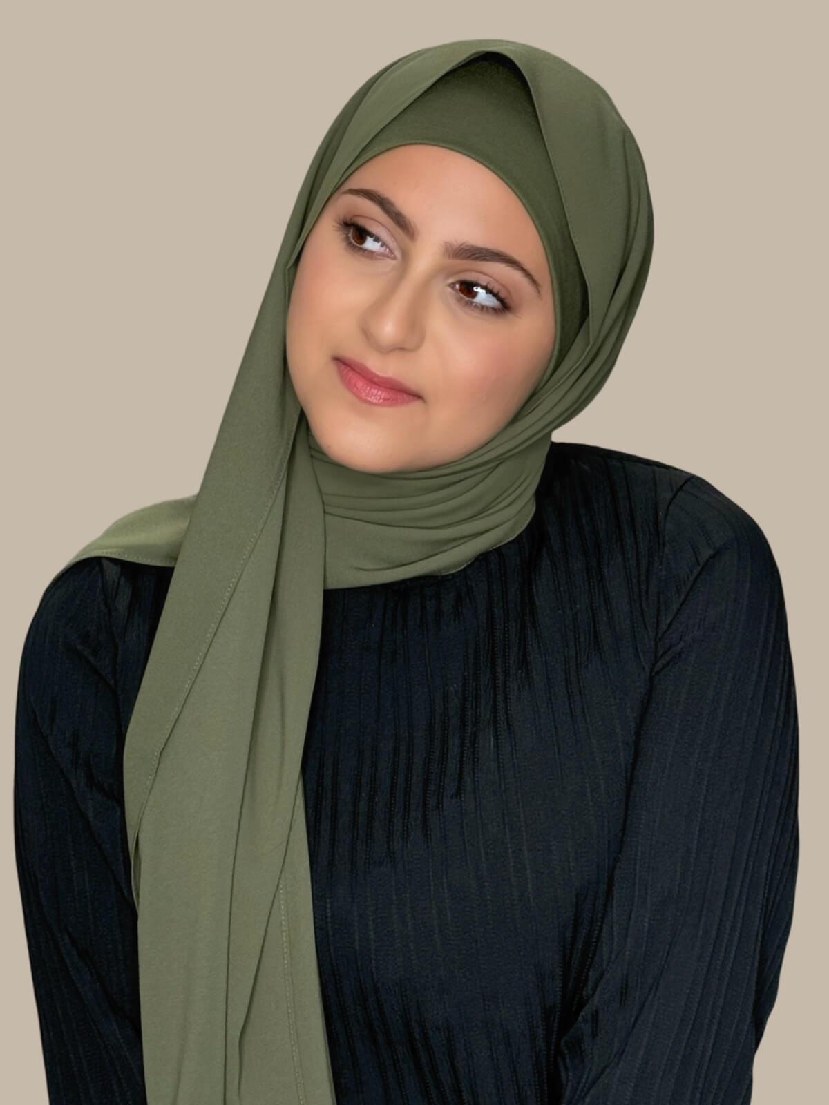 Dusty Olive Matching Chiffon Hijab Set in modish girl size on model, side view showing lightweight drape and smooth layered wrap with elegant finish.