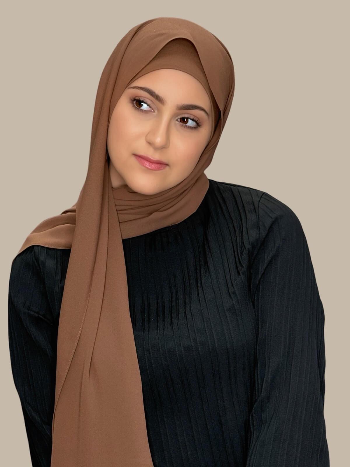 Cinnamon Matching Chiffon Hijab Set in modish girl size on model, front view showing lightweight drape and smooth layered wrap with elegant finish.