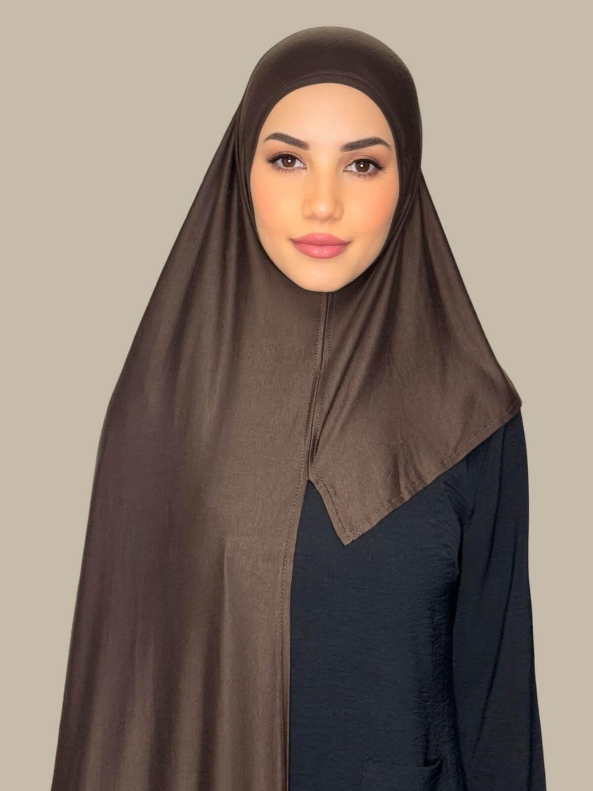 Chocolate Brown Pre-Sewn Jersey Hijab front view on model showing full coverage and smooth drape on both sides