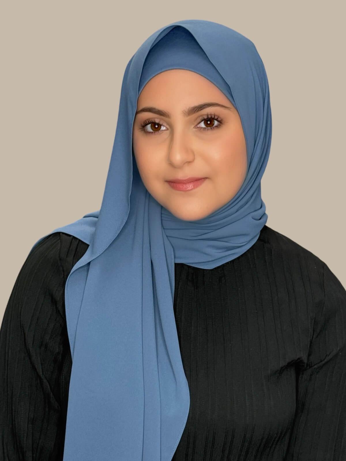 Cool Blue Matching Chiffon Hijab Set in modish girl size on model, side view showing lightweight drape and smooth layered wrap with elegant finish.