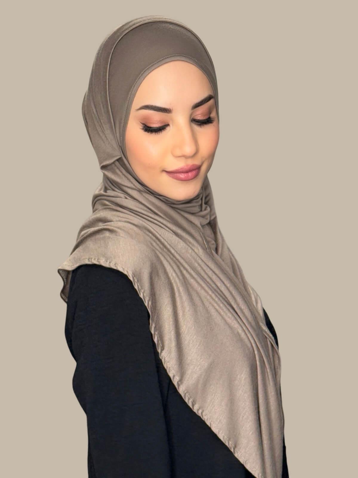 Sandstone Pre-Sewn Jersey Hijab, side view on model
