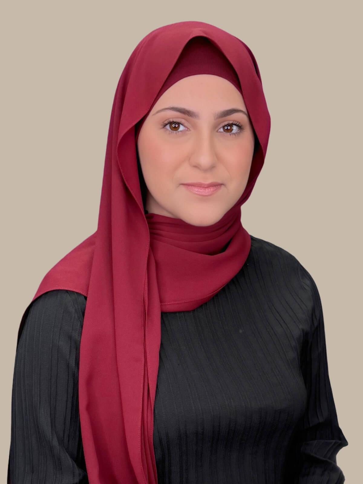 Mahogany Matching Chiffon Hijab Set in modish girl size on model, side view showing lightweight drape and smooth layered wrap with elegant finish.