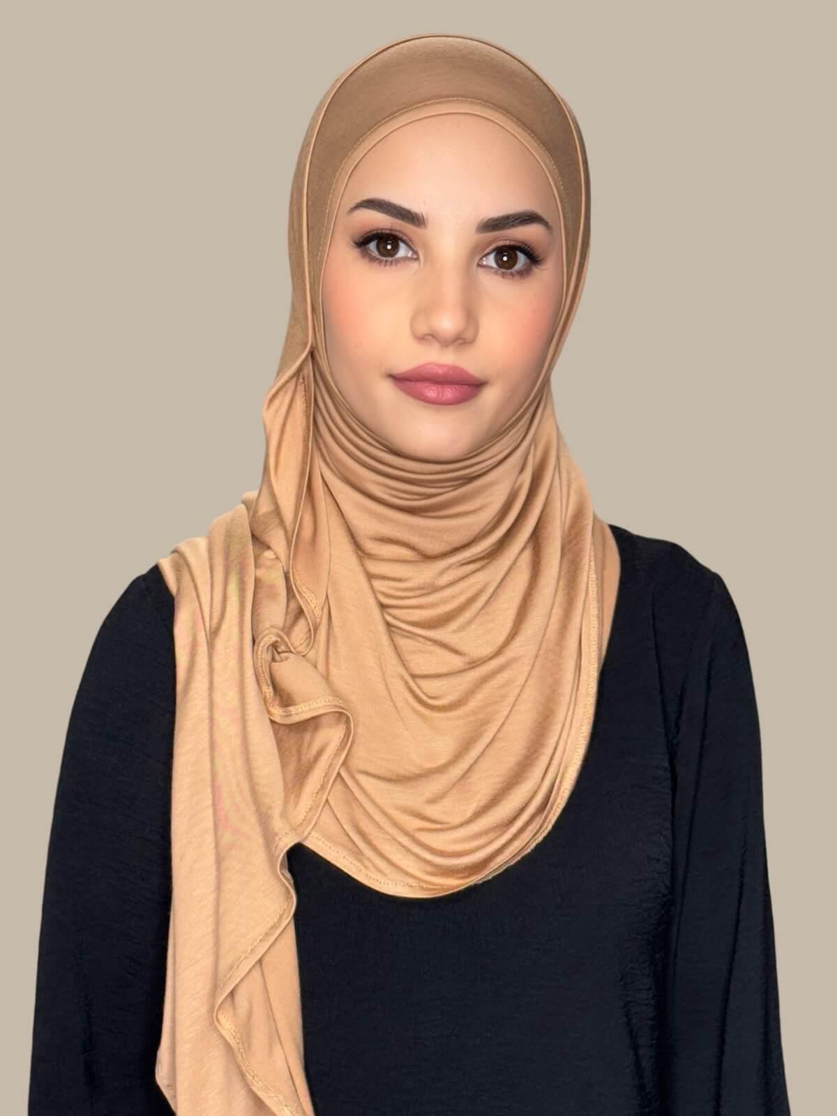 Honey Pre-Sewn Jersey Hijab,front view on model