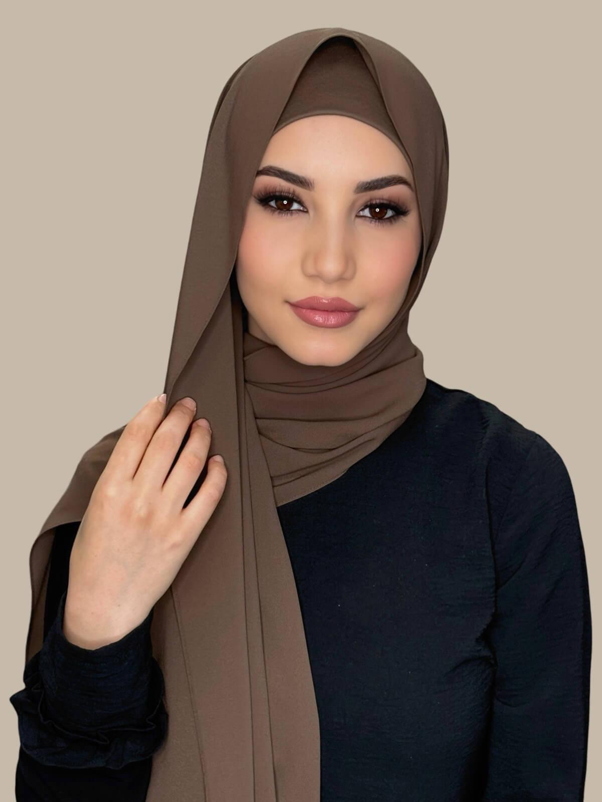 Swiss Brown Matching Chiffon Hijab Set on model,front view draped over one shoulder