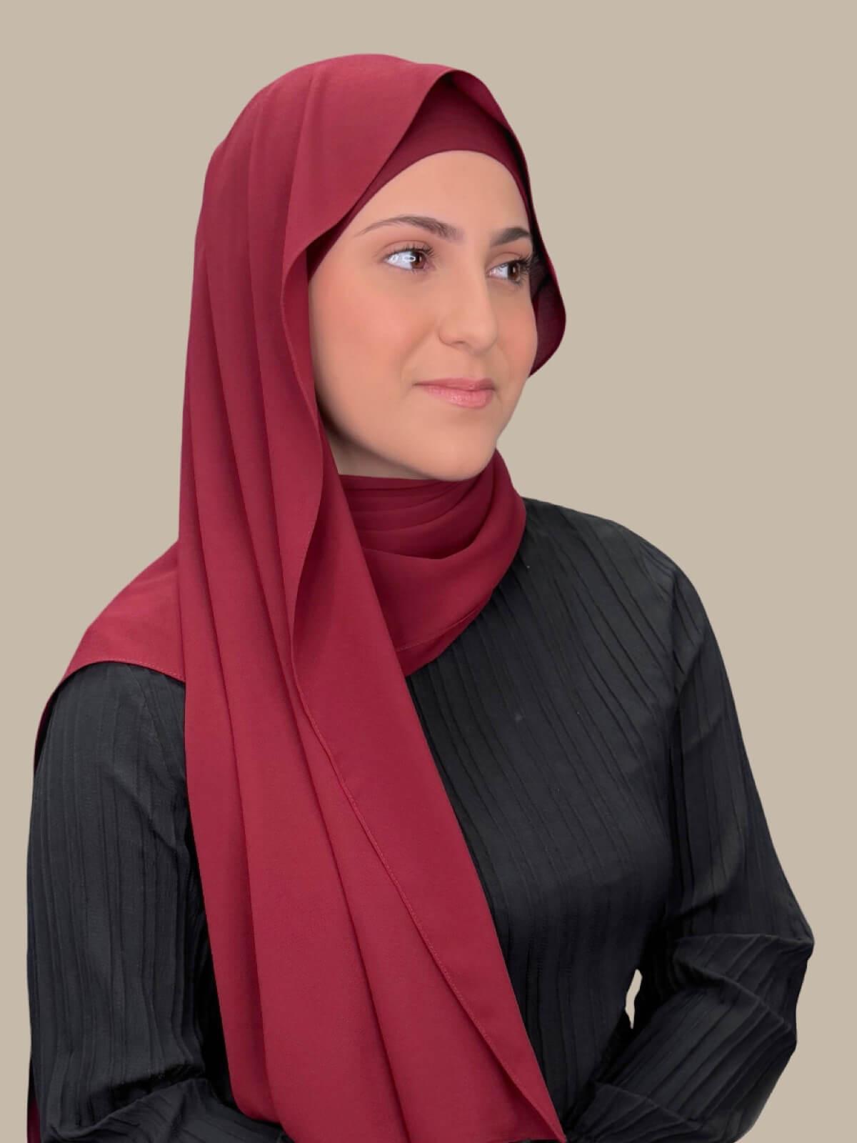 Mahogany Matching Chiffon Hijab Set in modish girl size on model, side view showing lightweight drape and smooth layered wrap with elegant finish.