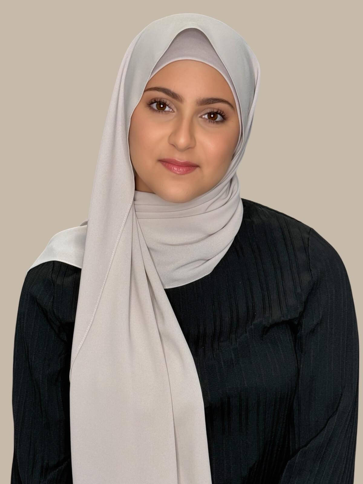 Misty Lilac Matching Chiffon Hijab Set in modish girl size on model, front view showing lightweight drape and smooth layered wrap with elegant finish.