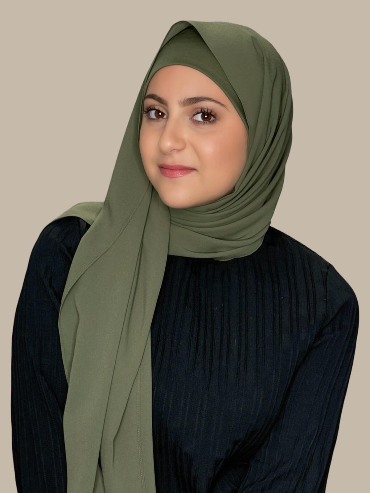 Dusty Olive Matching Chiffon Hijab Set in modish girl size on model, side view