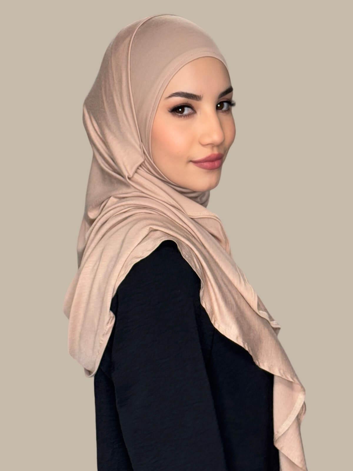 Warm Taupe Pre-Sewn Jersey Hijab, side view on model