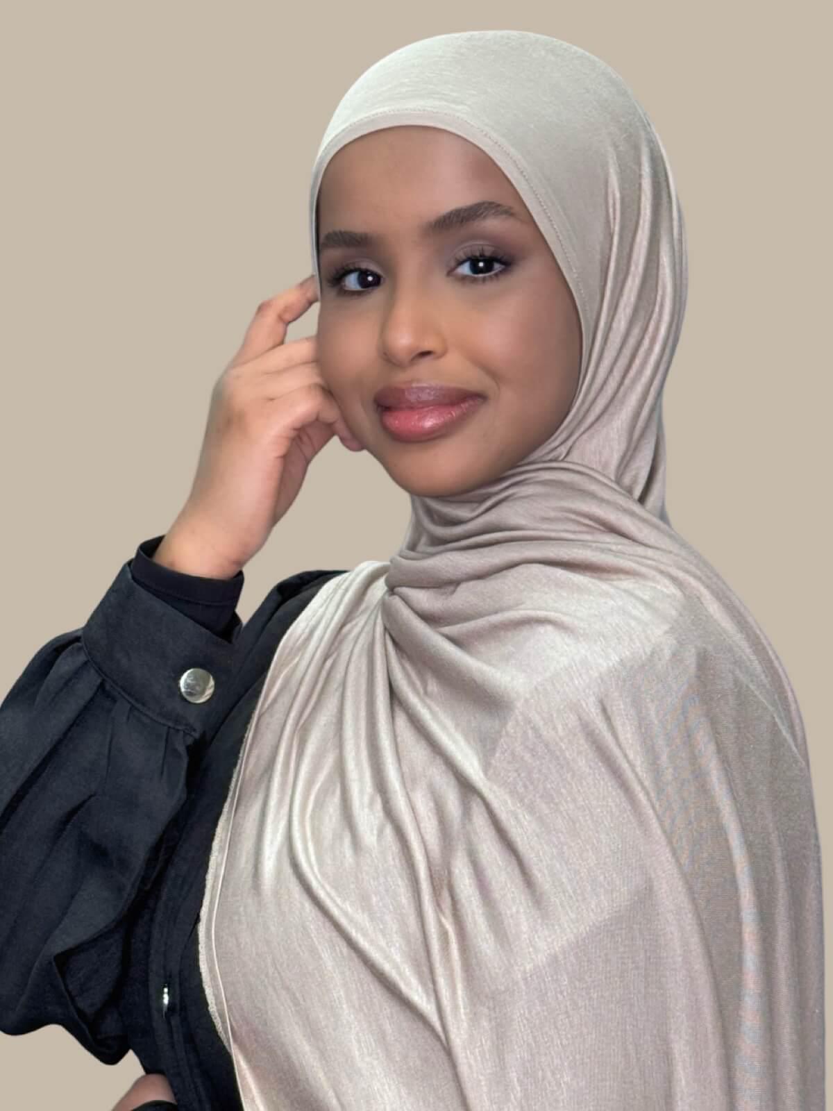 Vanilla Pre-Sewn jersey Hijab, side view on model over the shoulder
