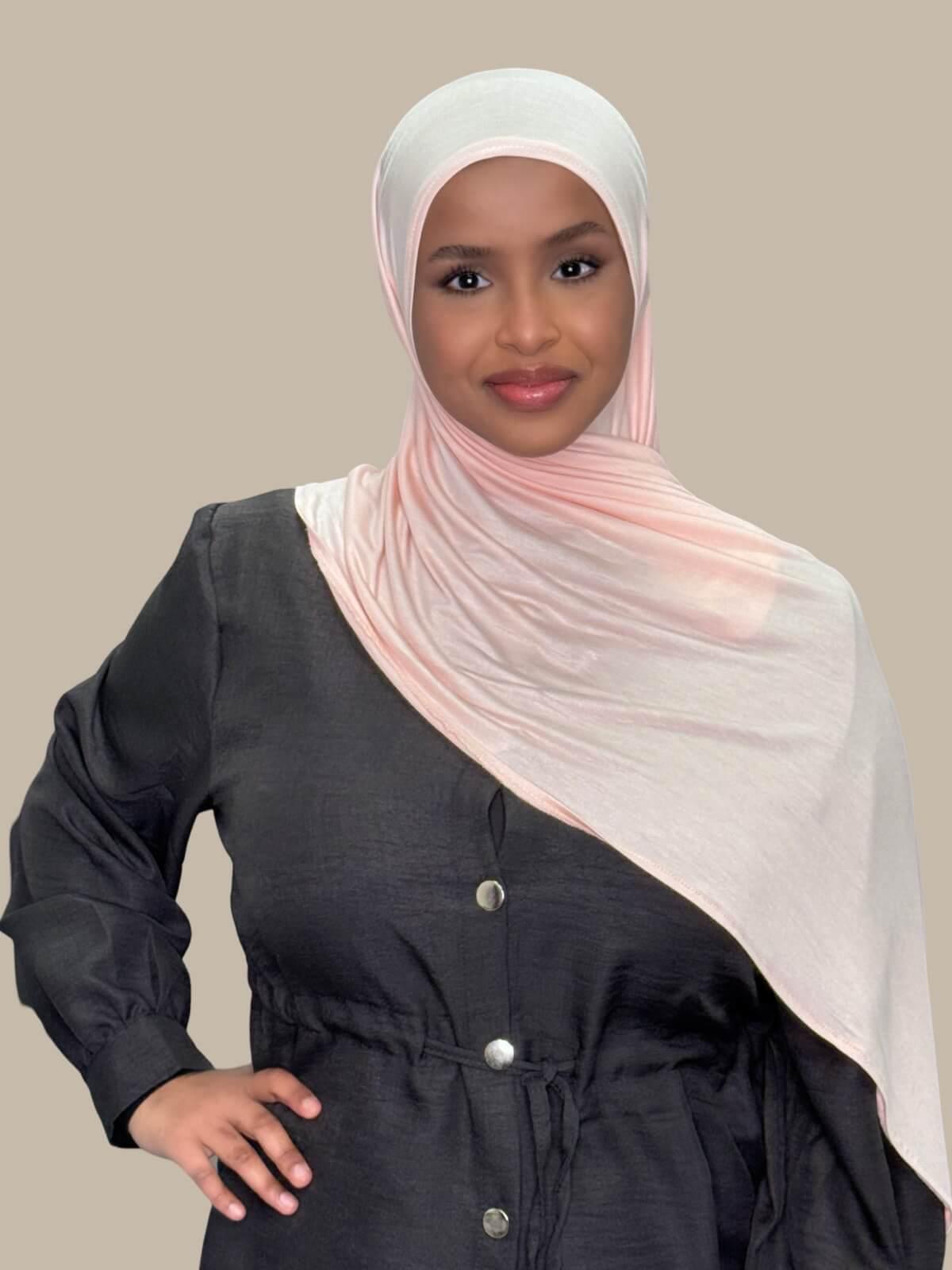Pearl Pre-Sewn Jersey Hijab front view on model draped over shoulder