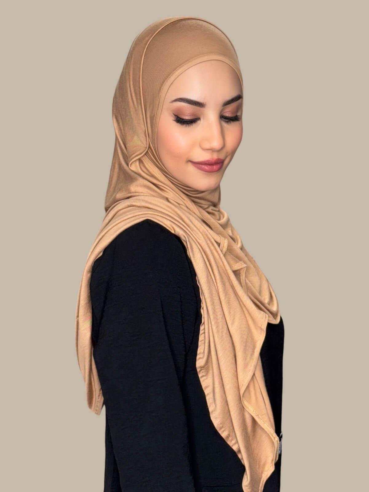 Honey Pre-Sewn Jersey Hijab, side view on model