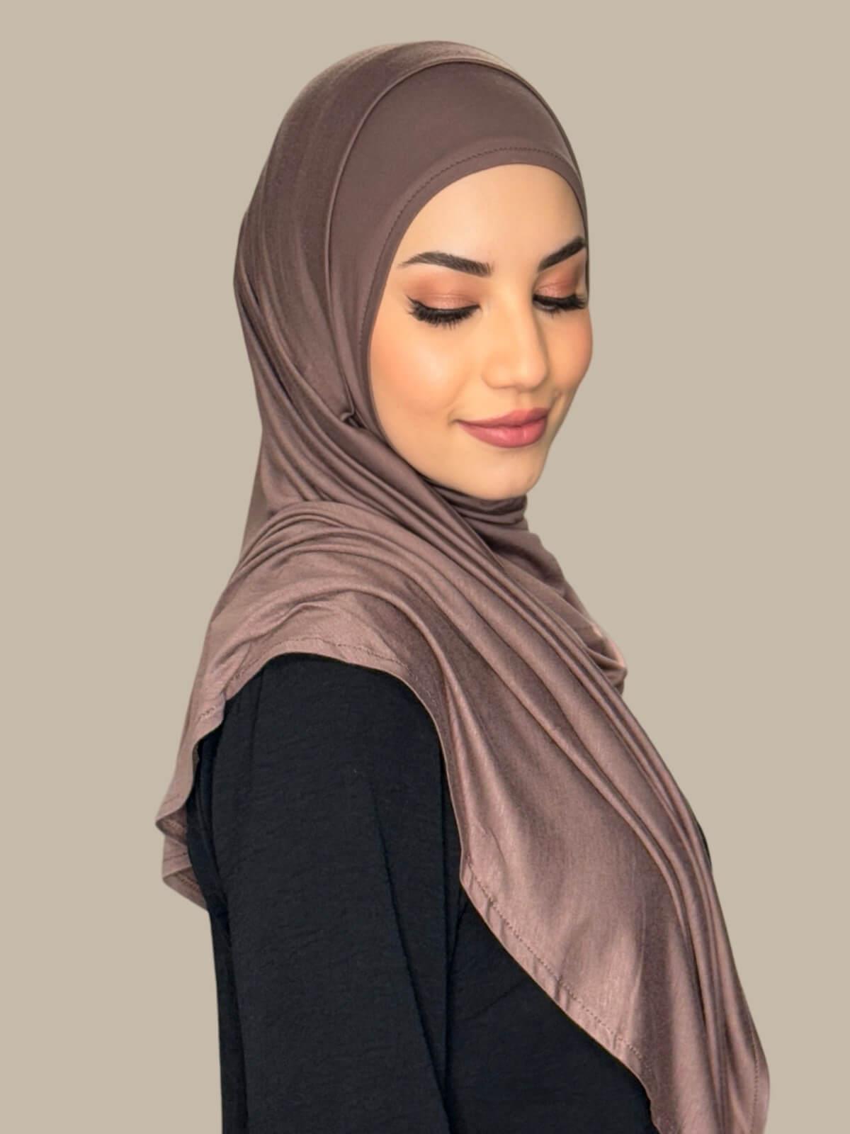 Mocha Brown Pre-Sewn Jersey Hijab, side view on model