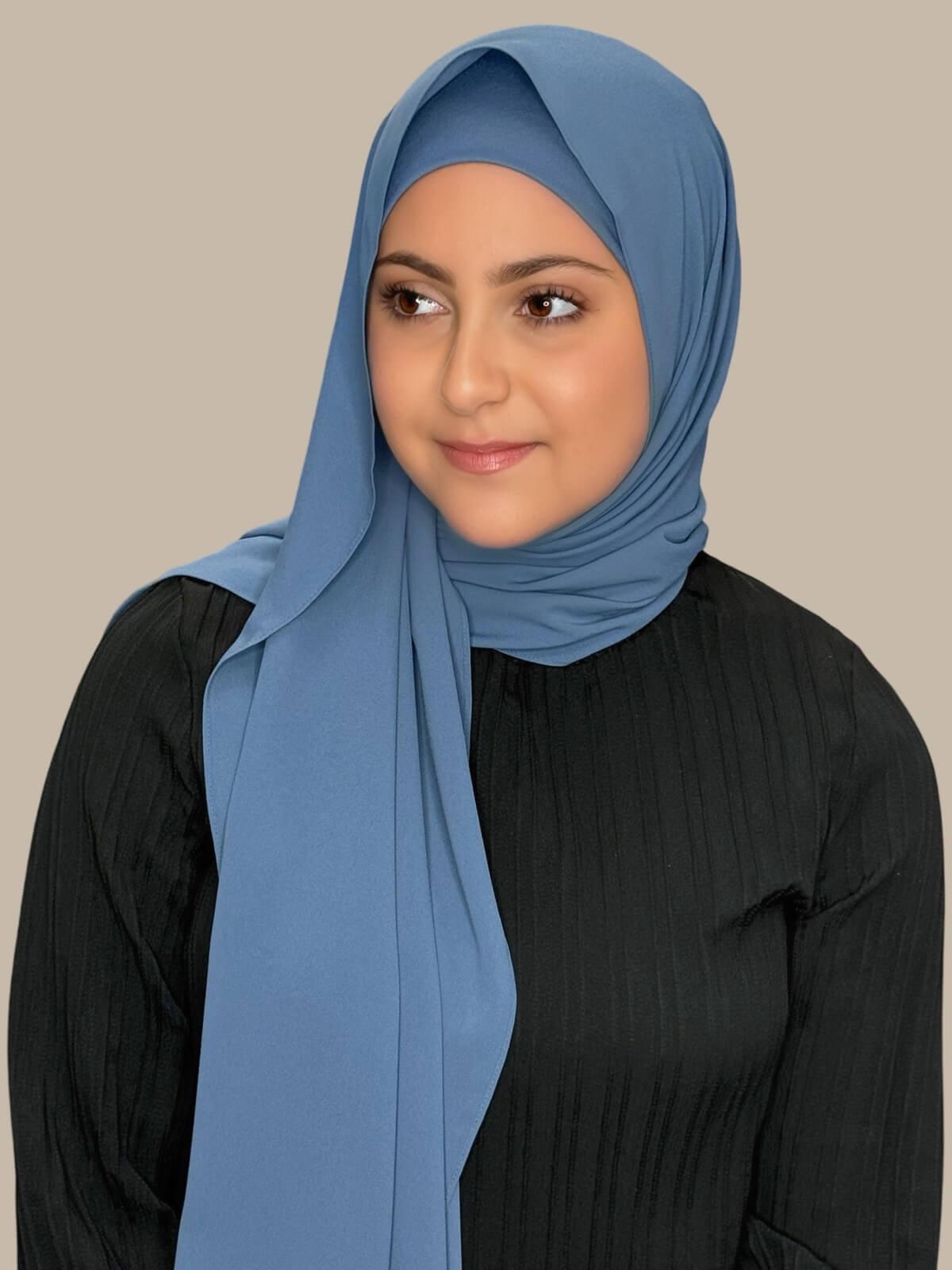 Cool Blue Matching Chiffon Hijab Set in modish girl size on model, side view draped over one shoulder