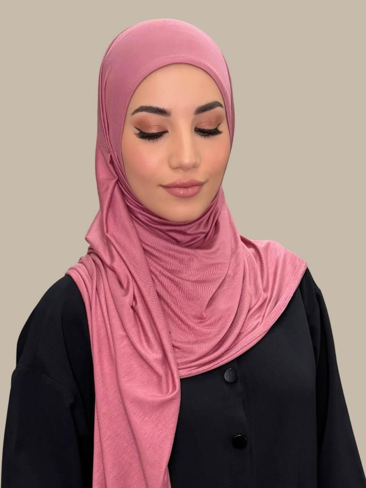 Pale Rose Pre-SEwn Jersey Hijab front view on model