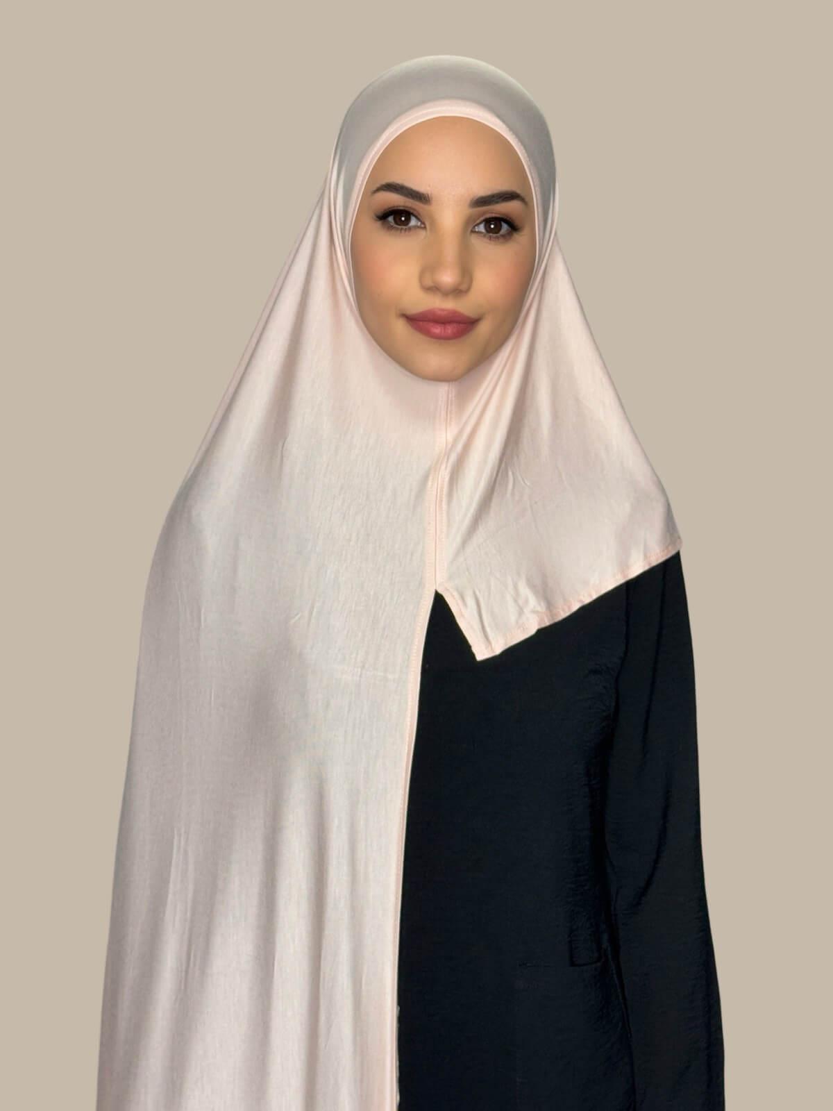 Pearl Pre-Sewn Jersey Hijab front view on model showing full coverage and smooth drape on both sides