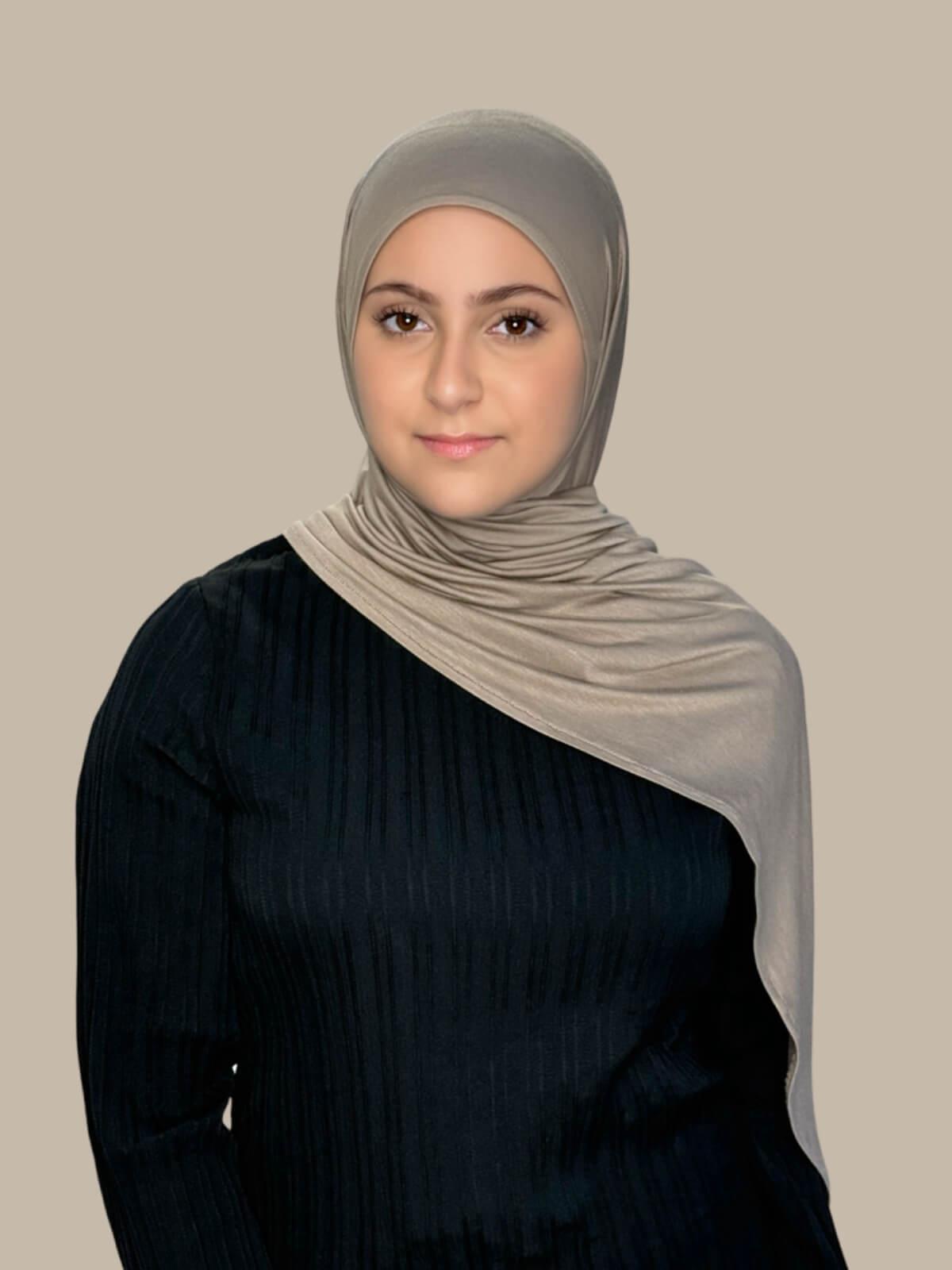 Desert Pre-Sewn Jersey Hijab in Modish Girl size, front view on model with hijab draped over shoulder