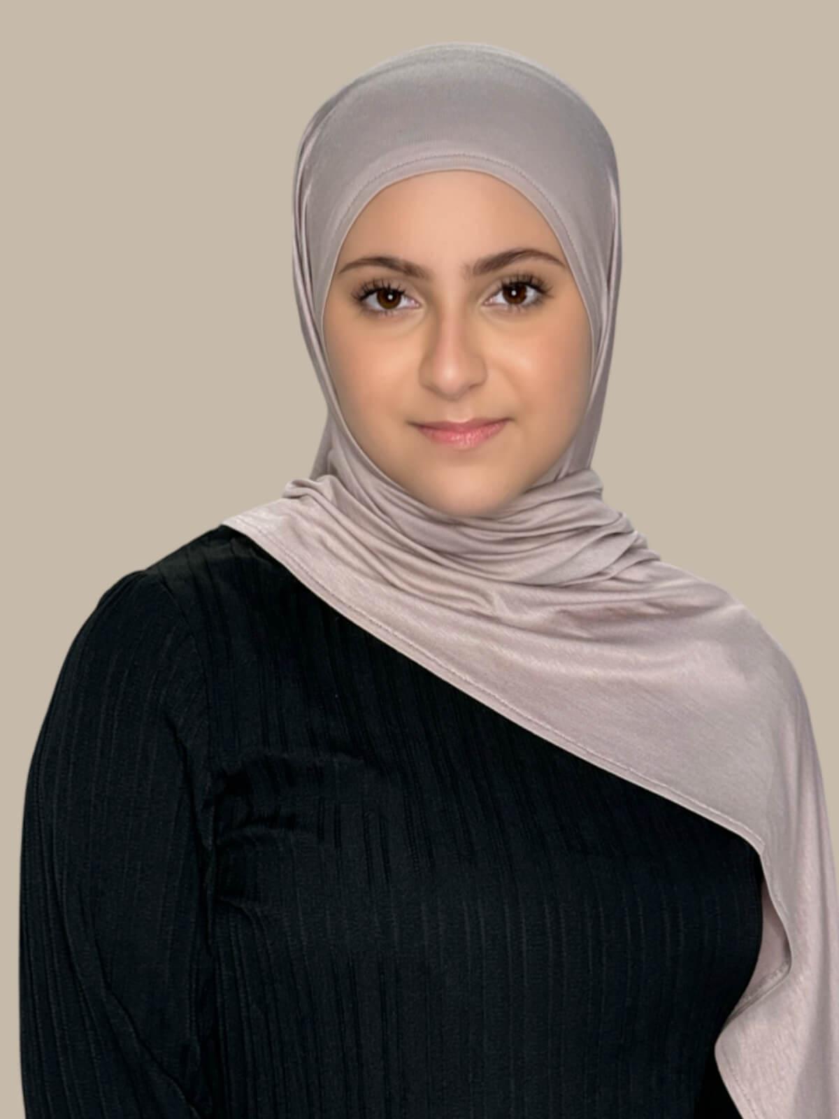 Sphinx Pre-Sewn Jersey Hijab in Modish Girl size, front view on model with hijab draped over shoulder showing smooth fit and soft stretch