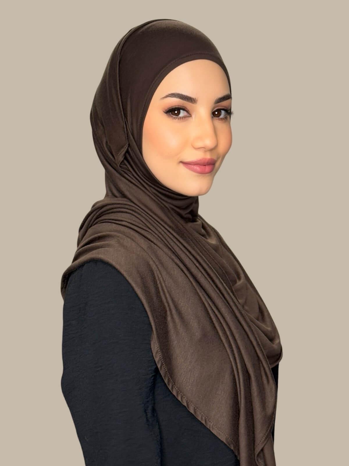 Chocolate Brown Pre-Sewn Jersey Hijab,side view on model, no pins easy to wear