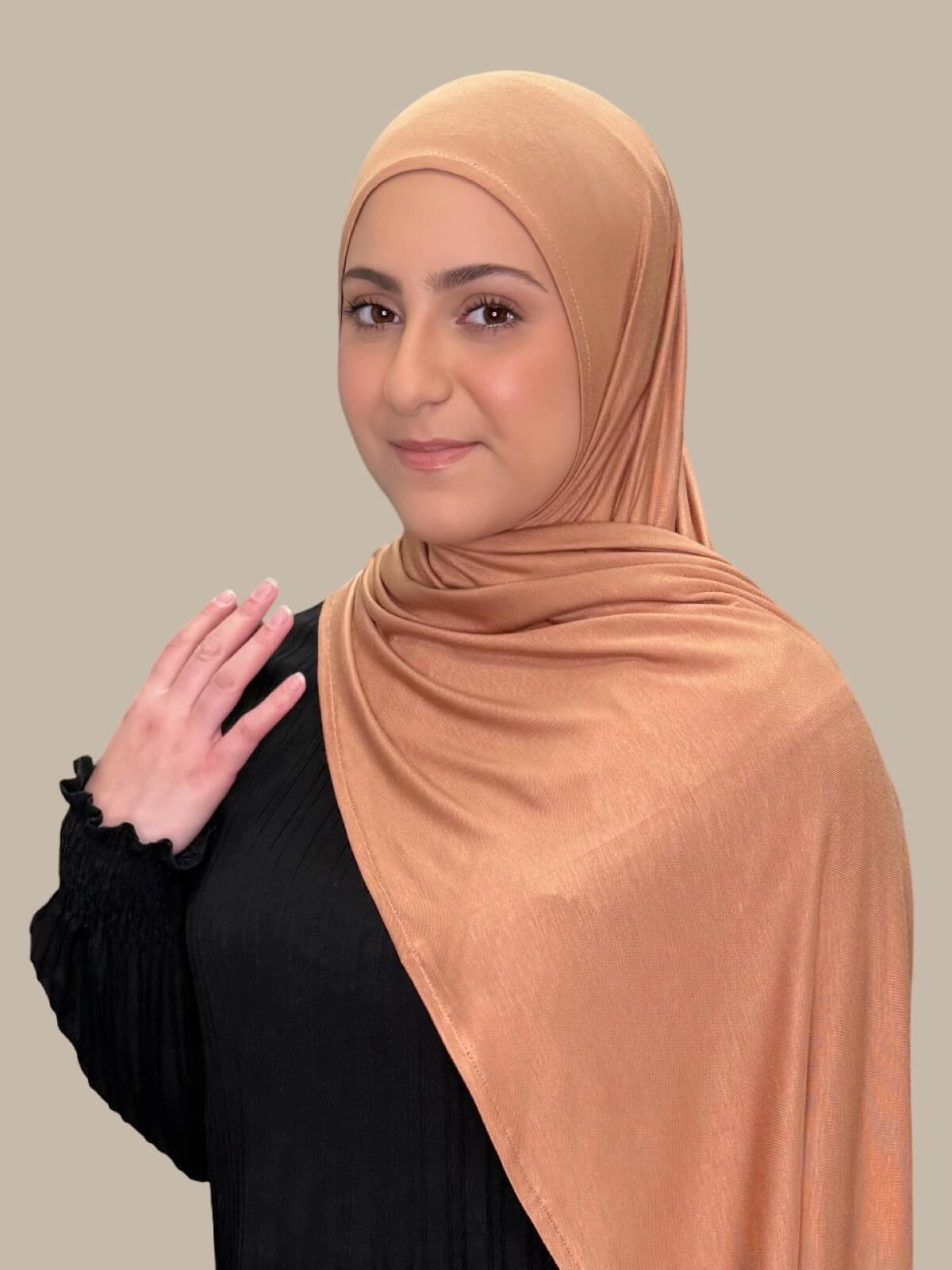 Sahara Pre-Sewn Jersey Hijab in Modish Girl size,side view on model with hijab draped over shoulder showing smooth fit and soft stretch fabric.