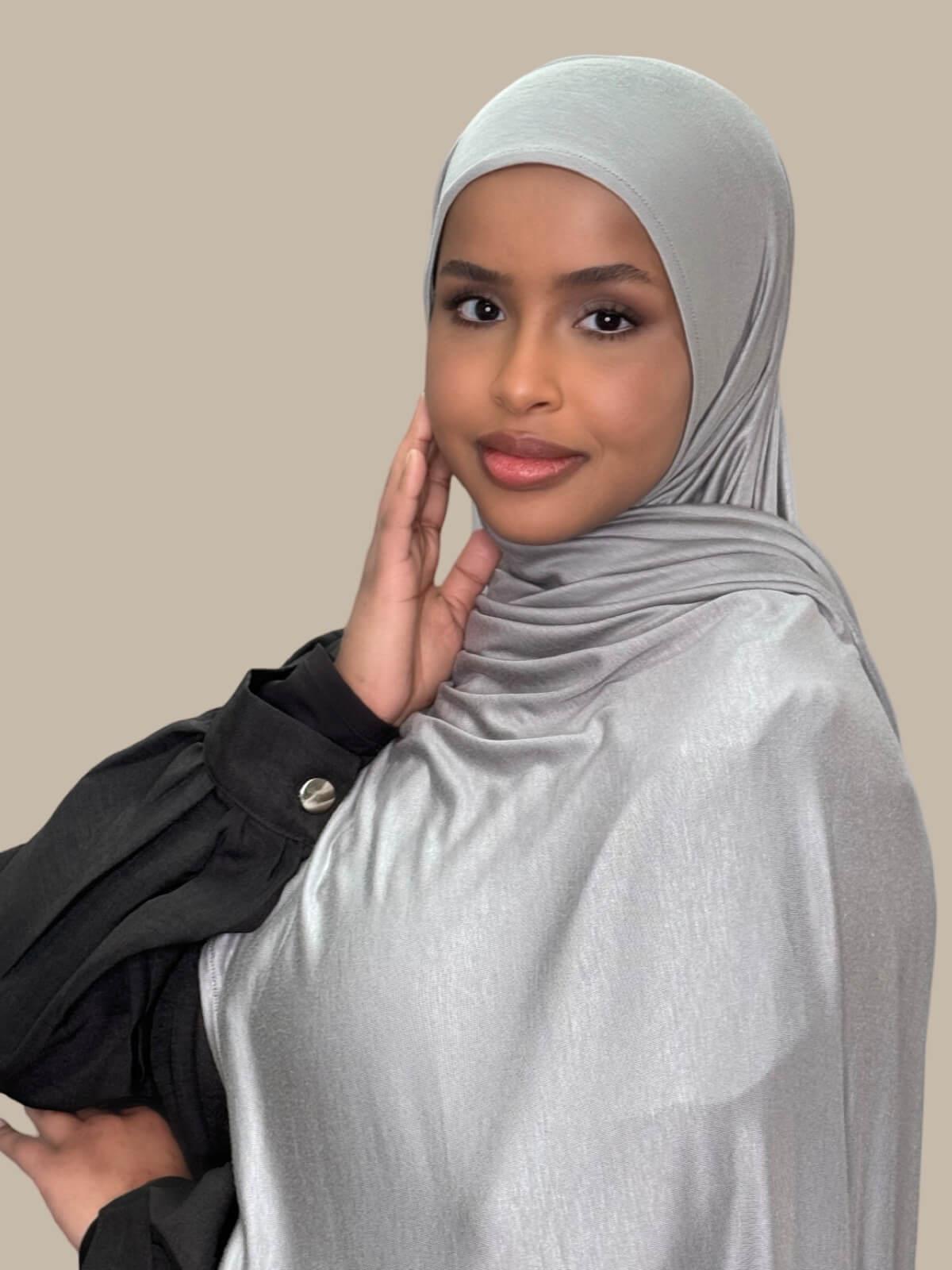 Chic Grey Pre-Sewn Jersey Hijab — side view on model's shoulder