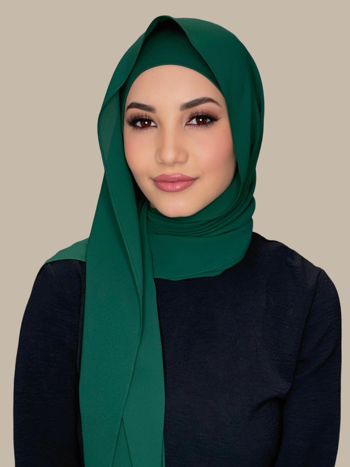Deep Green Matching Chiffon Hijab Set on model,front view showing lightweight drape and smooth layered wrap with elegant finish
