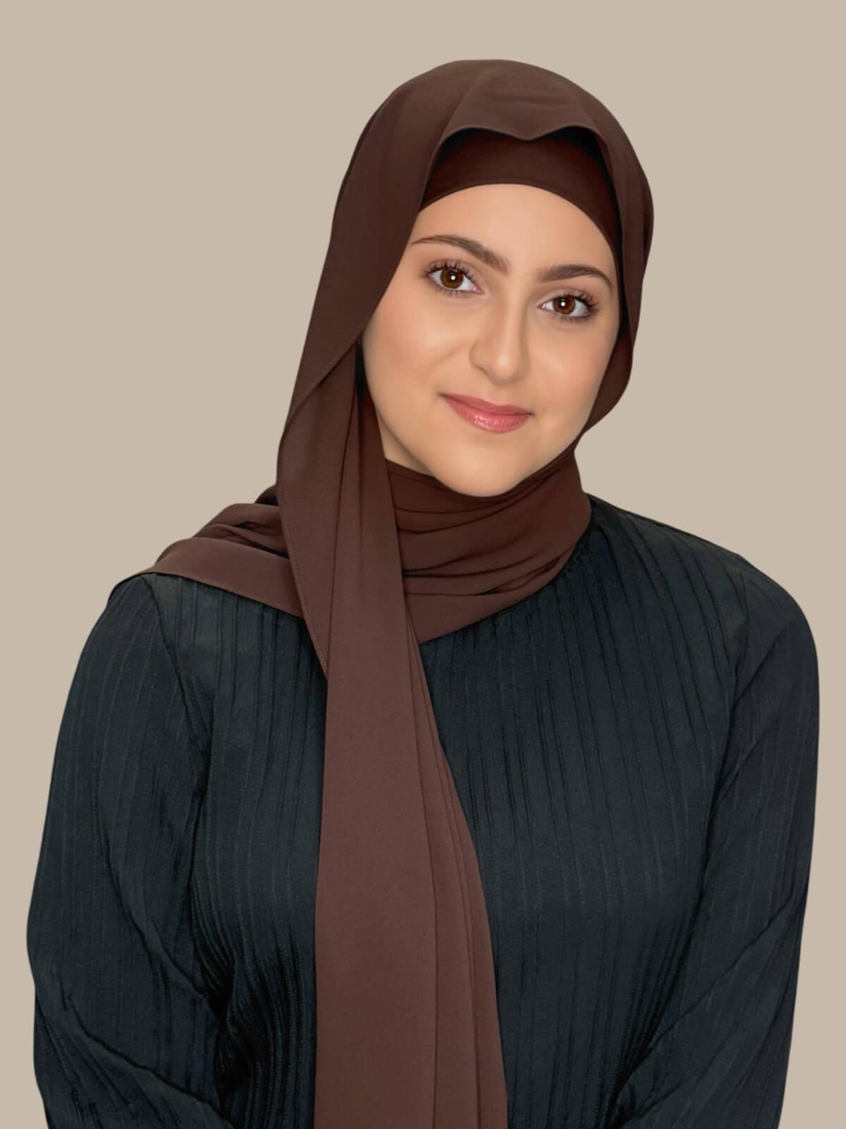 Umber Matching Chiffon Hijab Set in modish girl size on model, front view showing lightweight drape and smooth layered wrap with elegant finish.