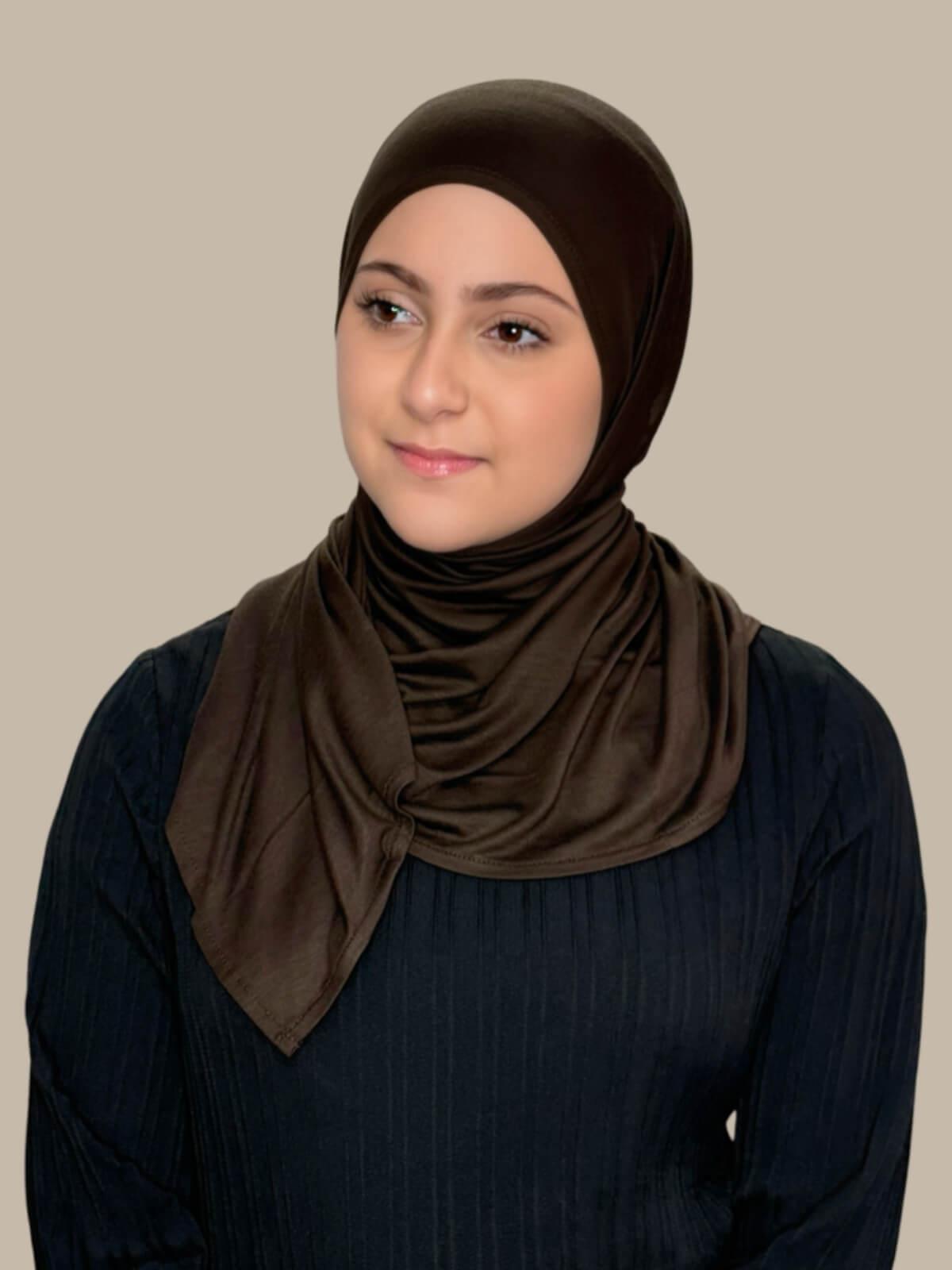 Chocolate Brown Pre-Sewn Jersey Hijab in Modish Girl size, front view on model with hijab wrapped neatly around shoulders showing smooth fit and soft stretch fabric.